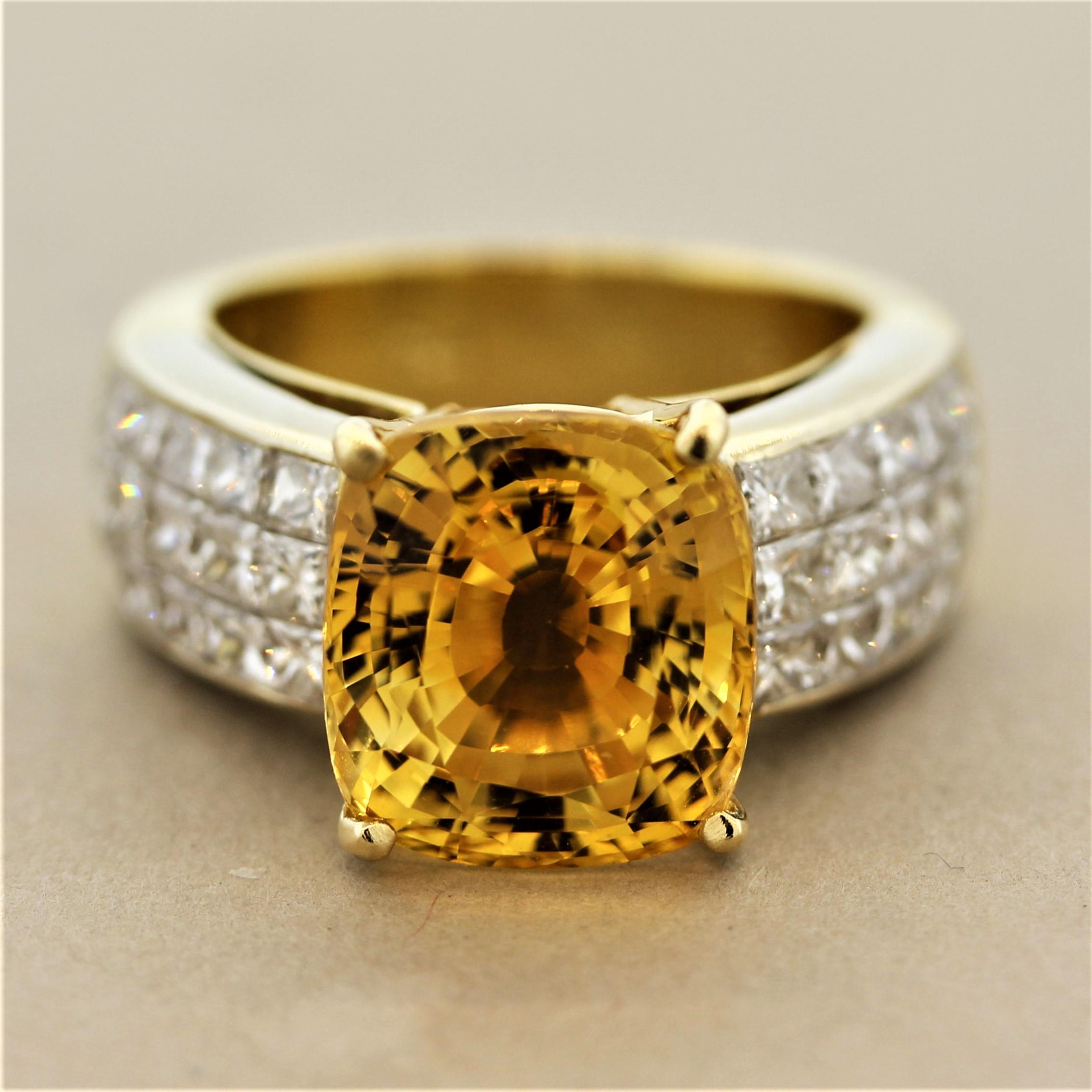 A superb extra-fine quality sapphire with a vivid and electric yellow color with a touch or orange. It is shaped as a cushion and weighs 8.50 carats with no eye-visible inclusions, a true gem. It is complemented by 2 carats of princess-cut diamonds