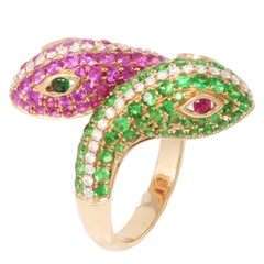 Gem Gallery Double Head Snake Cocktail Ring in 18 Karat Gold