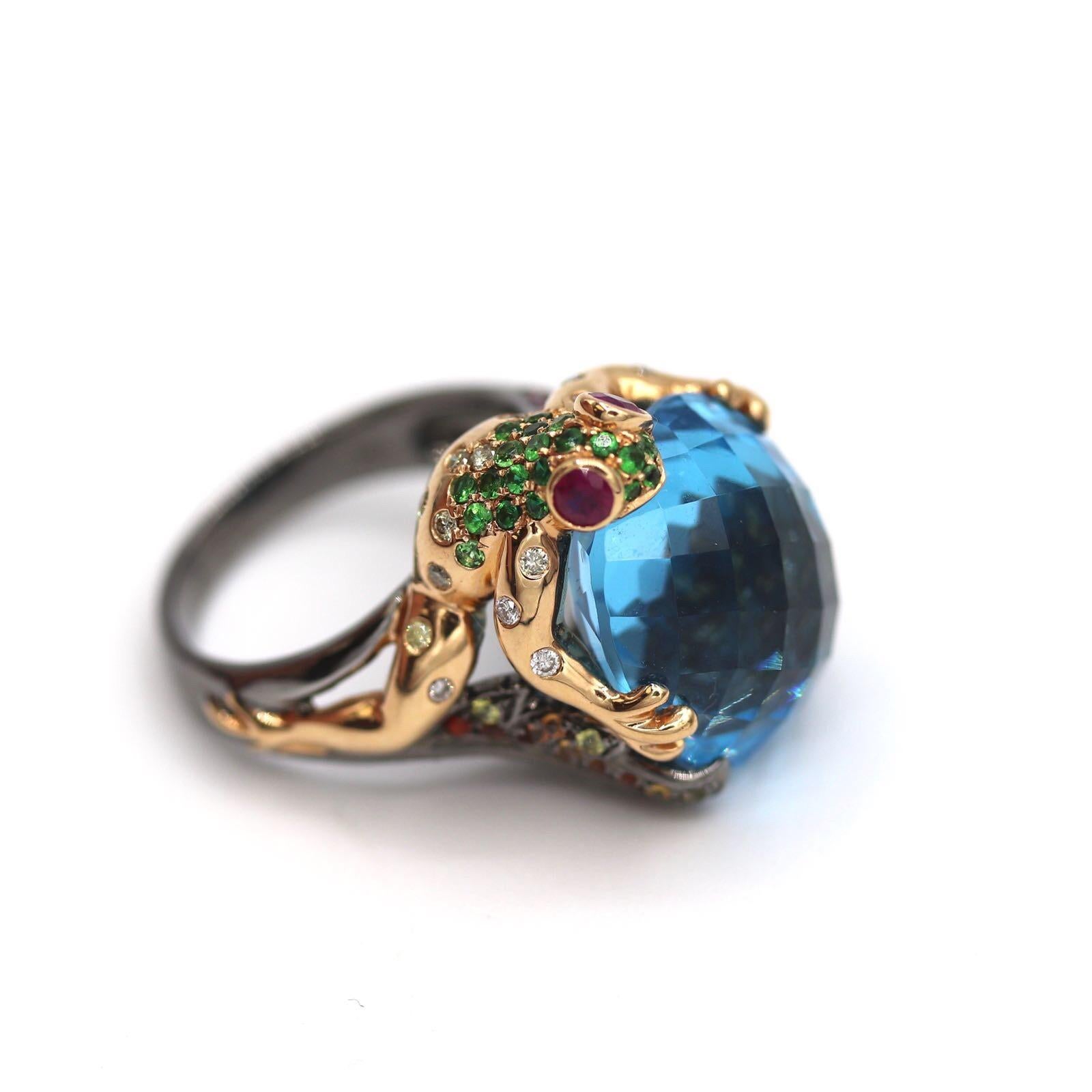 Contemporary Gem Gallery Frog Ring with Blue Topaz Cocktail Ring For Sale