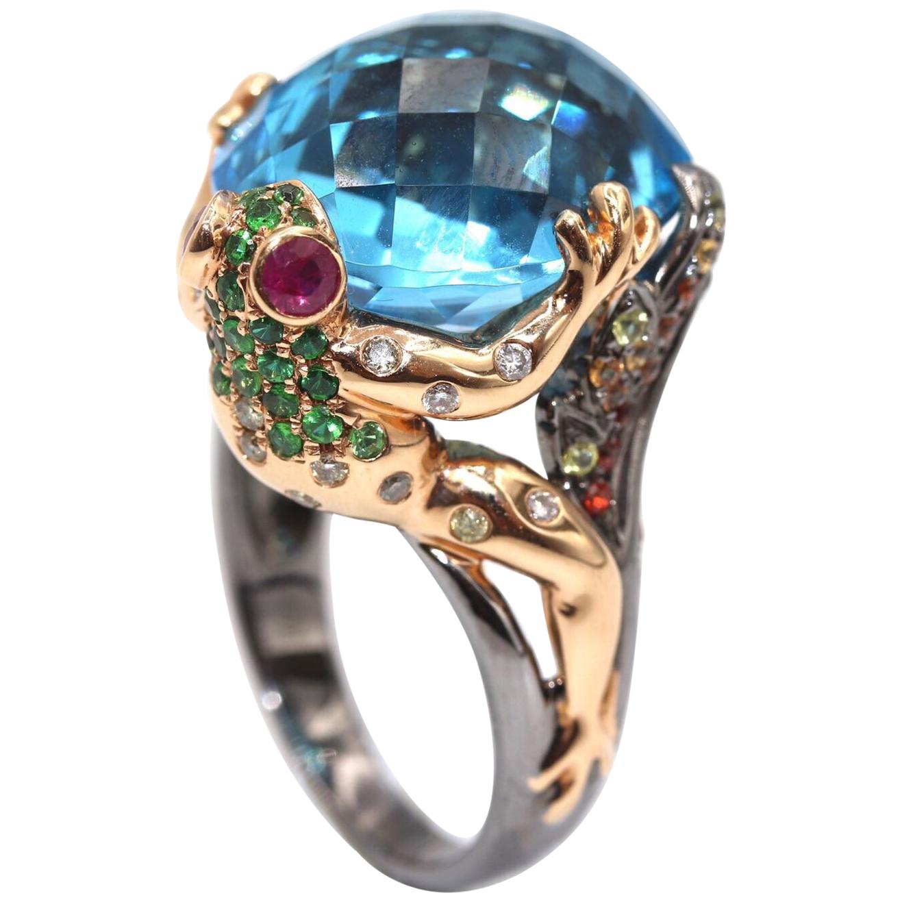 Gem Gallery Frog Ring with Blue Topaz Cocktail Ring For Sale