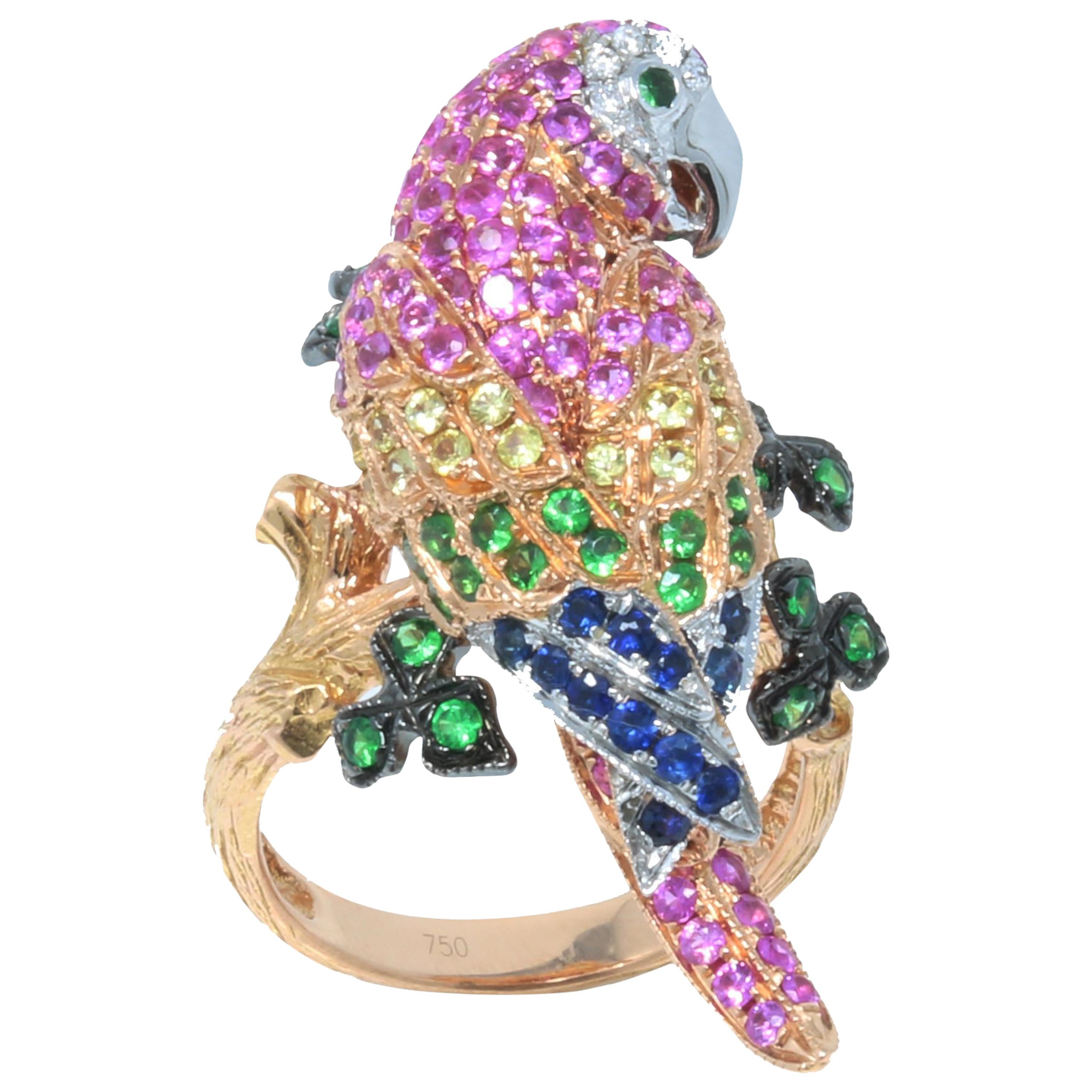 Gem Gallery Parrot Ring with Multicolored Diamonds For Sale