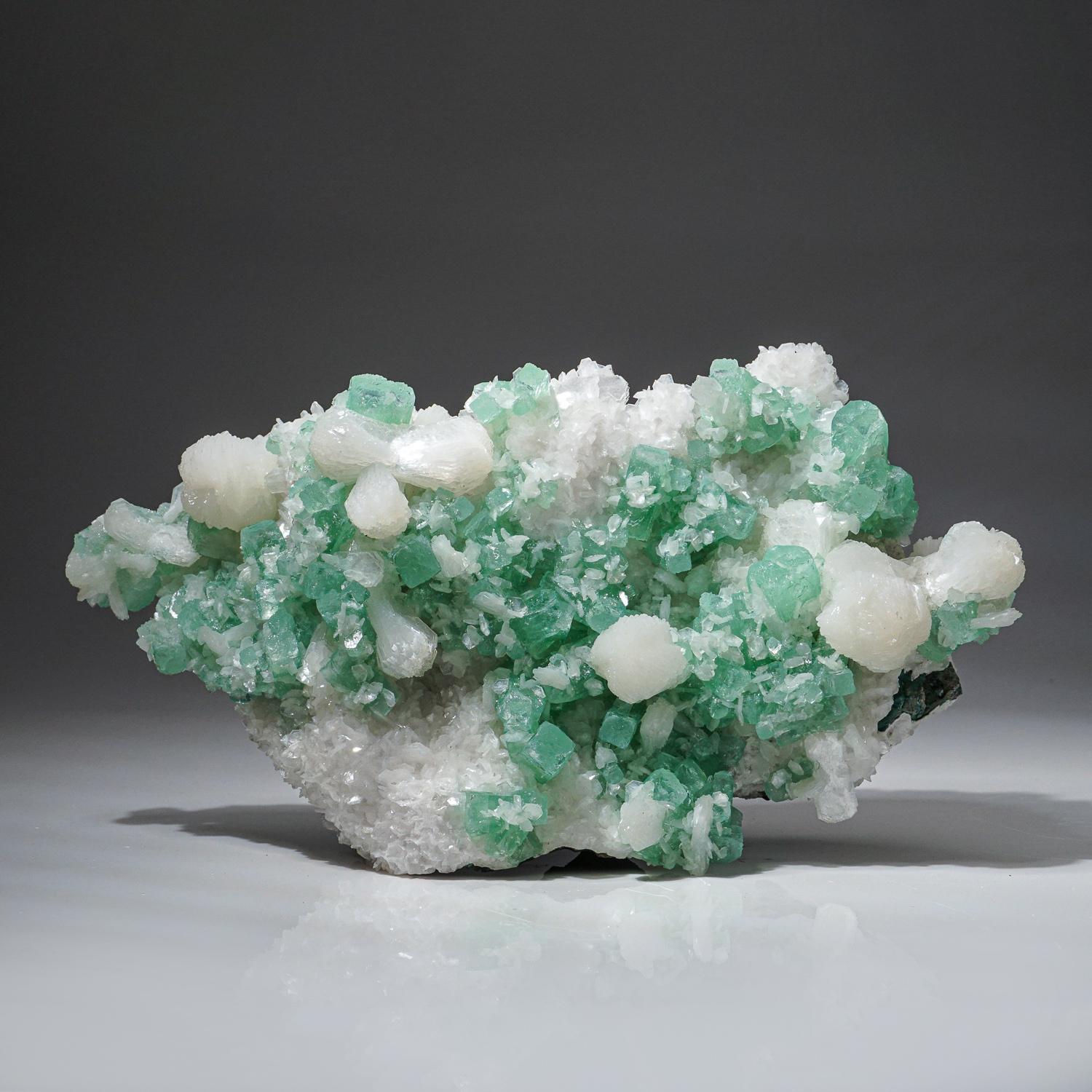 Gem Green Apophyllite with Stilbite from Aurangabad District, Maharashtra, India.

These huge, museum-quality, electric-green Apophyllite crystals are found in a perfectly terminated cluster. This electric-green color in Apophyllite is extremely