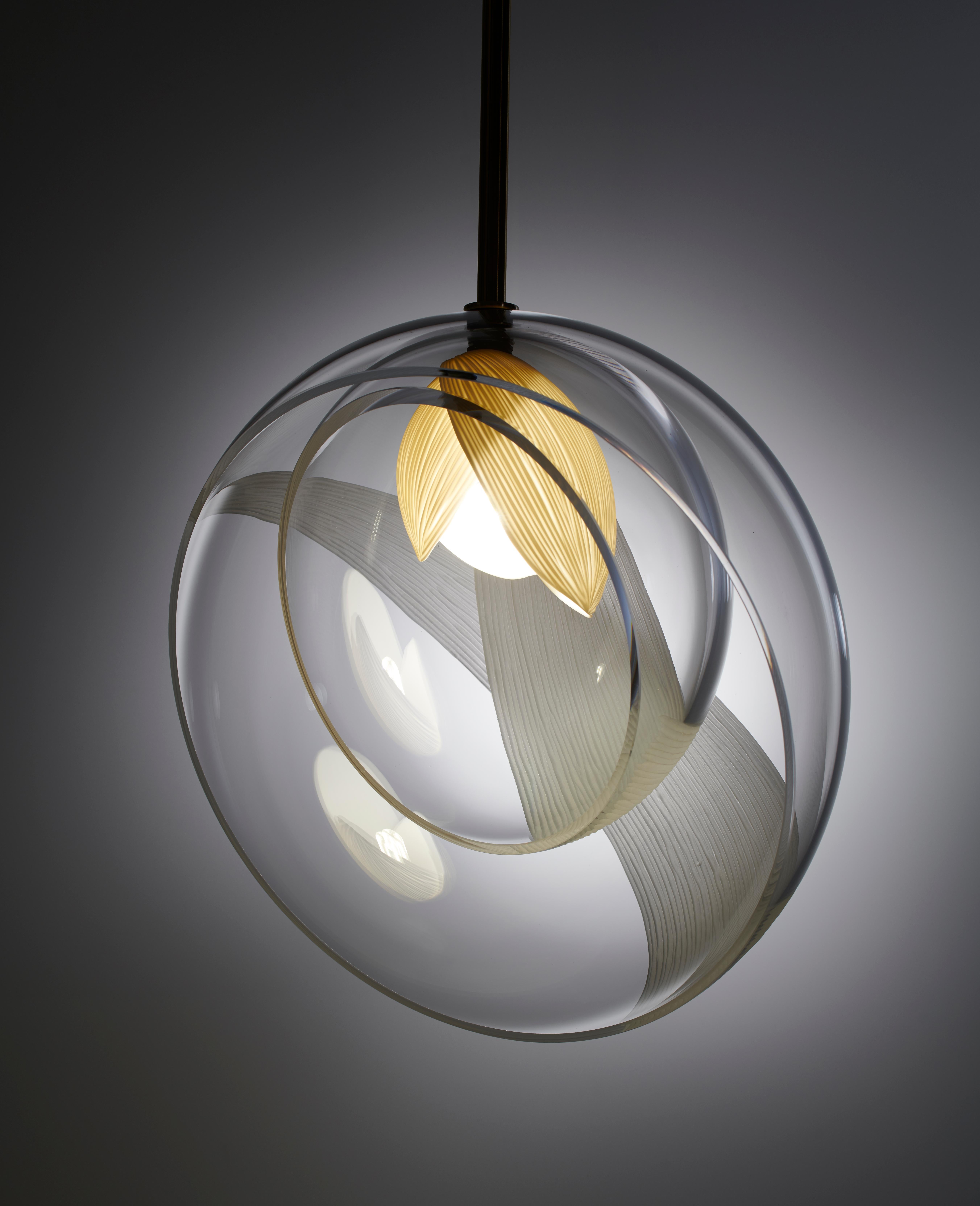 Gem large light by Vezzini & Chen
Dimensions: D35cm X H35cm
Materials: Furnace Glass, Porcelain, 4w G9 Dimmable Warm white LED, brushed brass fitting, 2 Core double insulated electric cable + Earth.
Also available: Brass Fitting and flex cable,