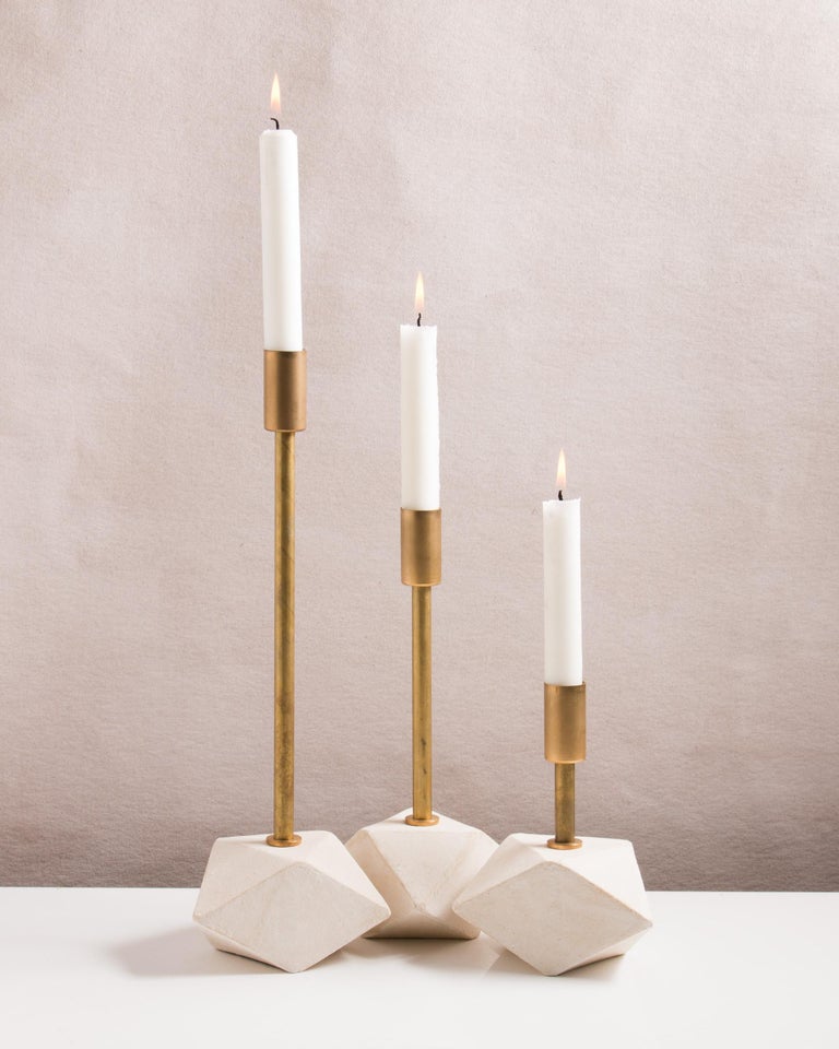 'Gem' Matte White Ceramic and Brass Candlestick, Set of 3 For Sale at
