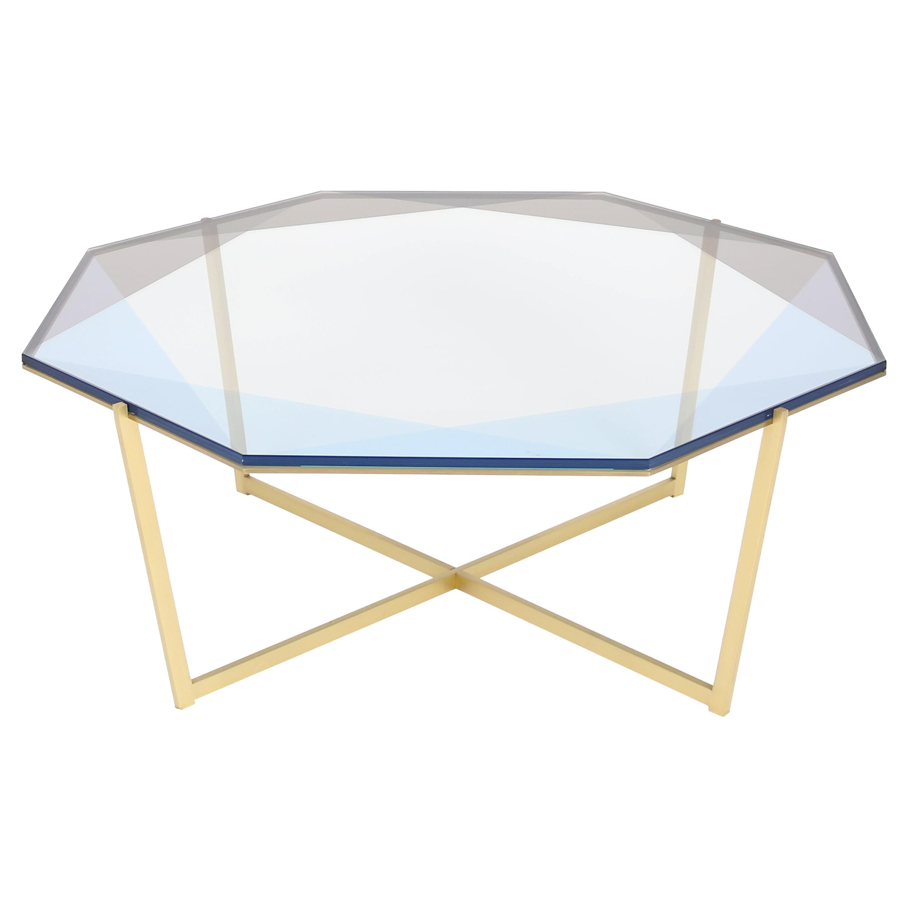 Gem Octagonal Coffee Table-Blue Glass with Brass Base by Debra Folz For Sale