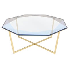 Gem Octagonal Coffee Table-Blue Glass with Brass Base by Debra Folz