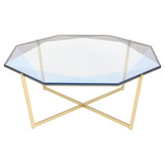 Gem Octagonal Coffee Table-Blue Glass with Brass Base by Debra Folz