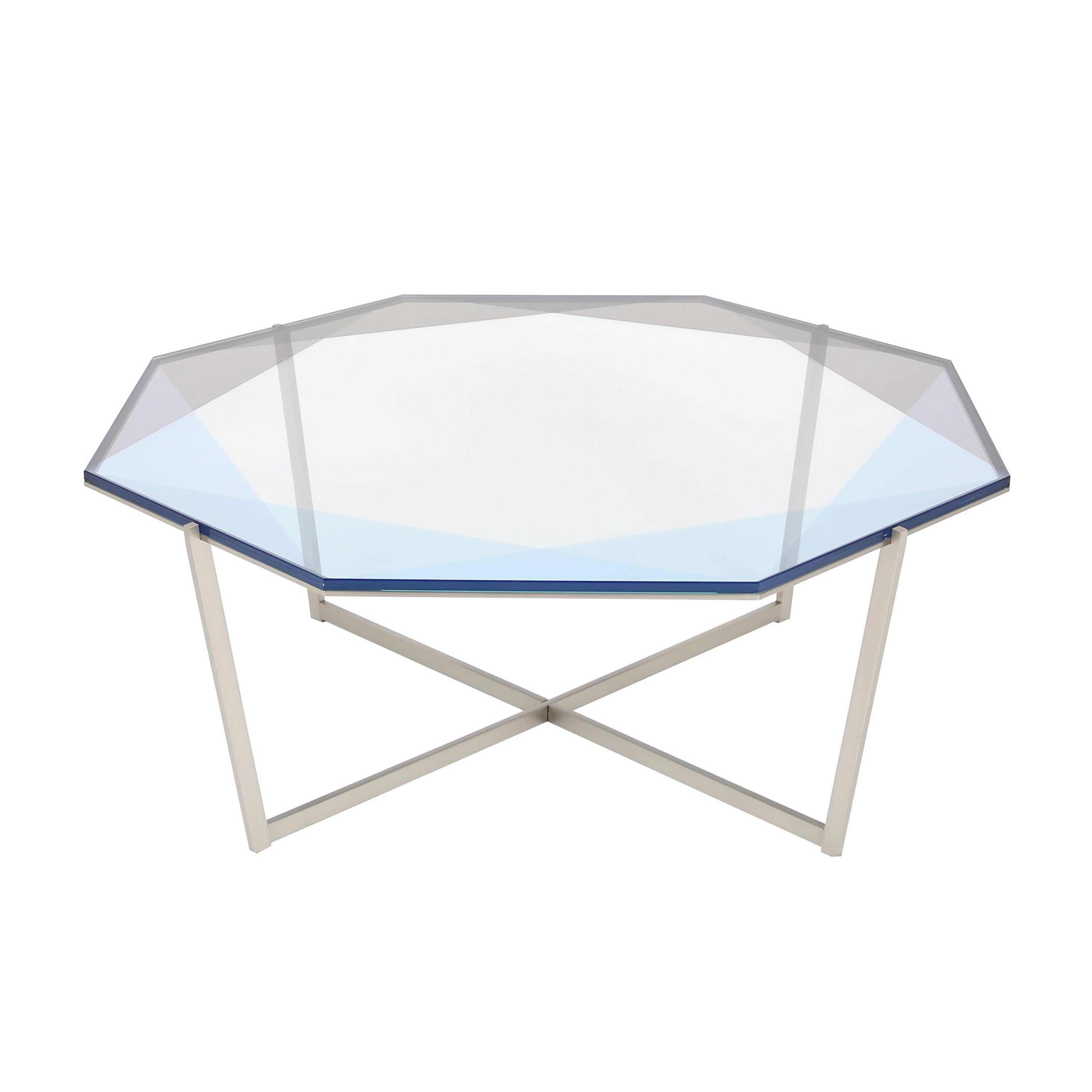 Gem Octagonal Coffee Table-Blue Glass with Stainless Steel Base by Debra Folz For Sale