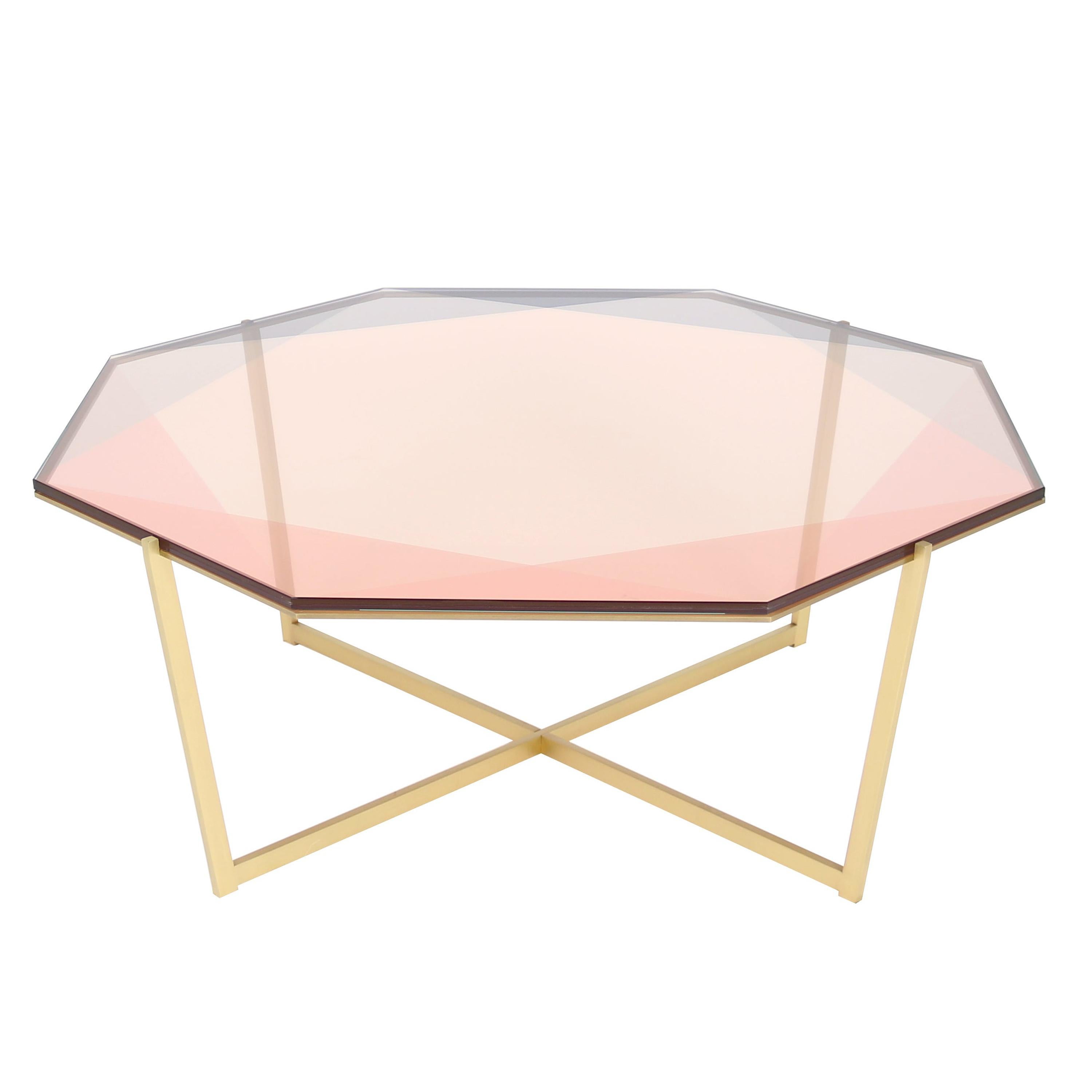 Gem Octagonal Coffee Table-Blush Glass with Brass Base by Debra Folz For Sale