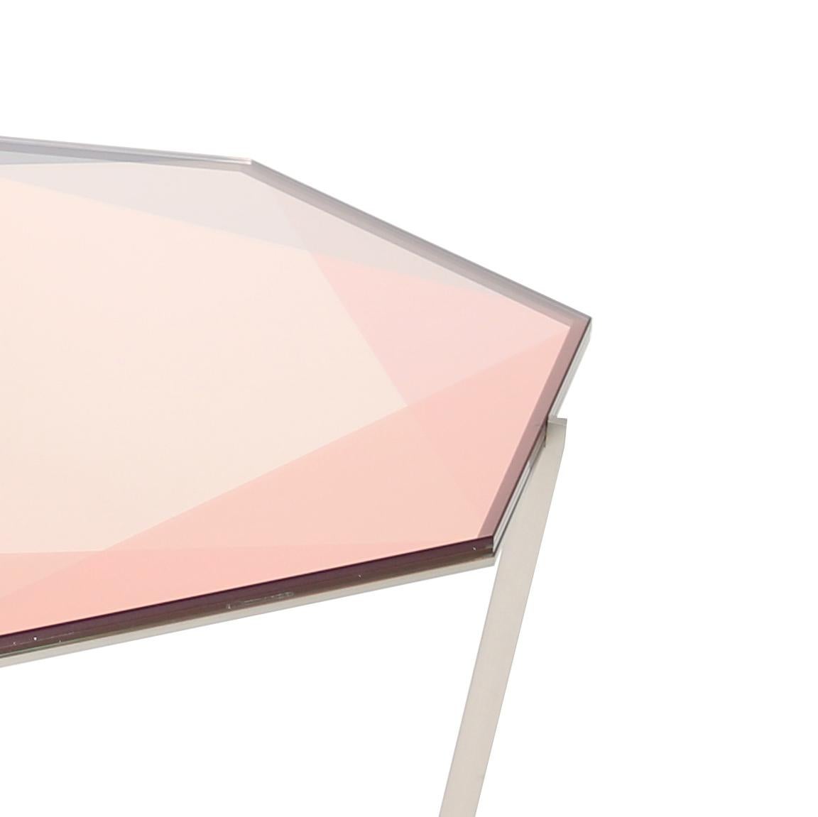 Autre Table basse octogonale Gem - Verre rose avec base en acier inoxydable par Debra Folz en vente