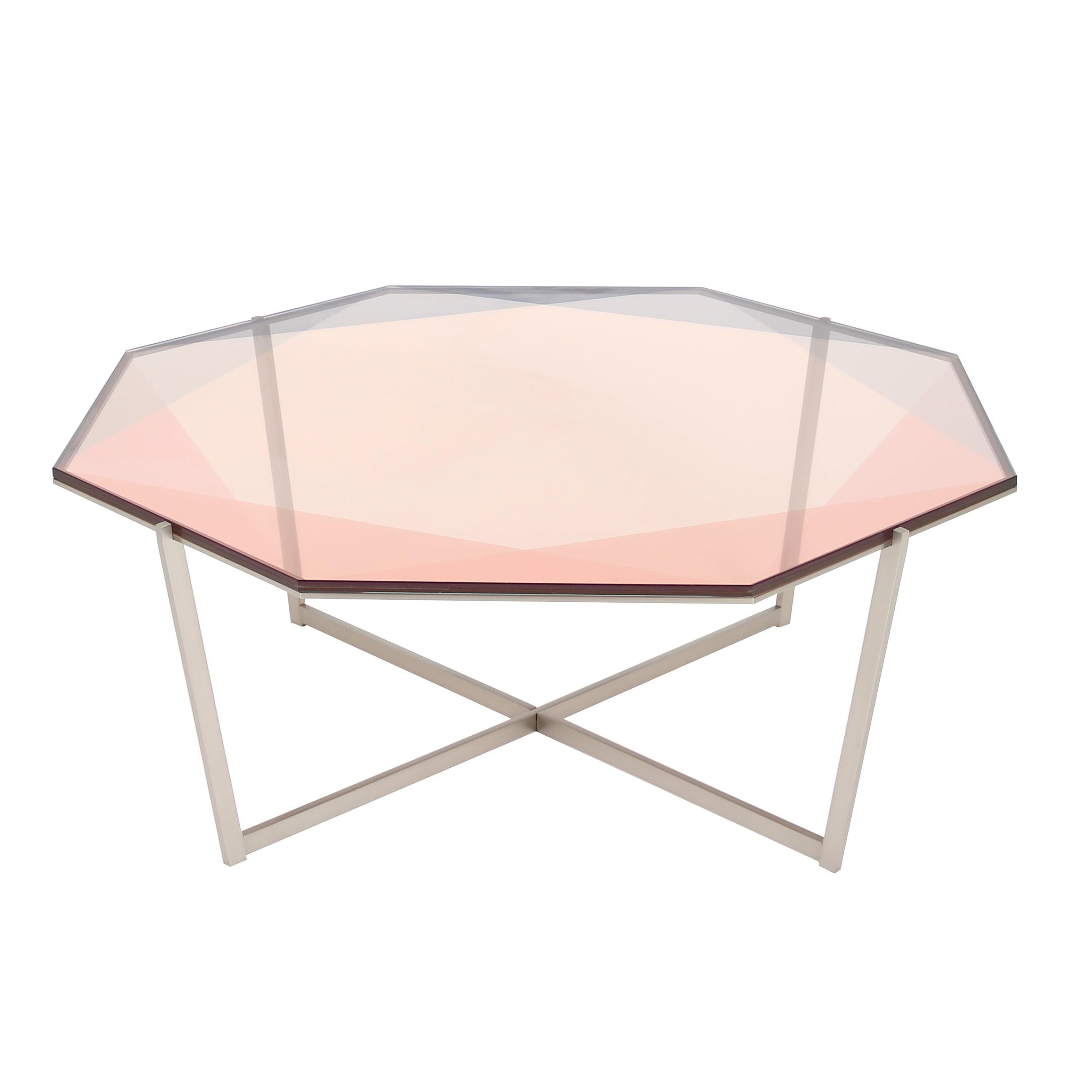 Table basse octogonale Gem - Verre rose avec base en acier inoxydable par Debra Folz en vente