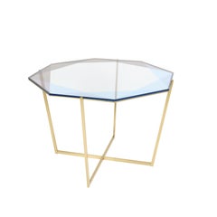 Gem Octagonal Dining Table/Entry Table-Blue Glass W/ Brass Base by Debra Folz