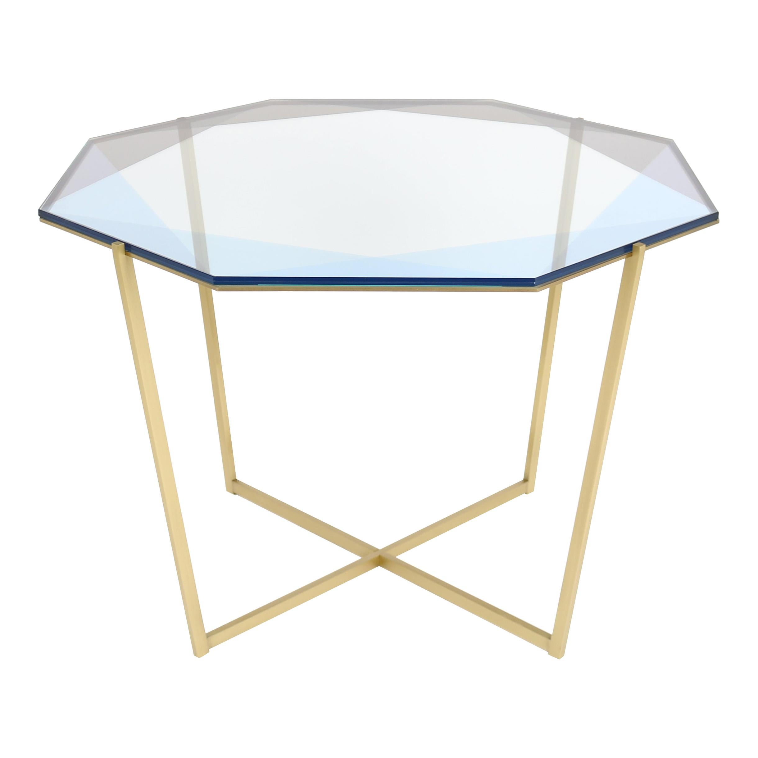 Table de salle à manger octogonale/table d'entrée Gem - verre bleu avec base en laiton par Debra Folz