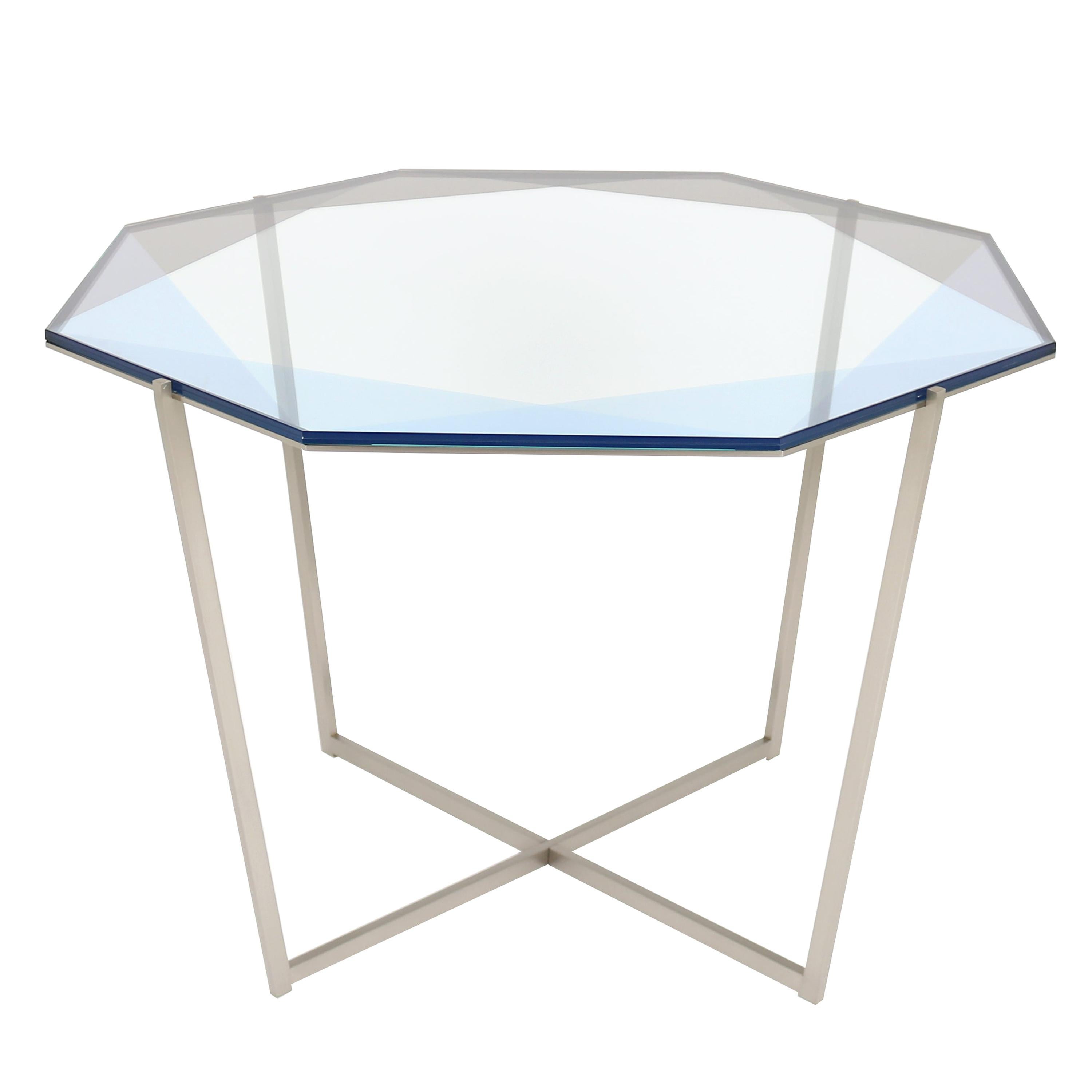 Table de salle à manger / d'entrée octogonale Gem - Verre bleu avec base en acier par Debra Folz en vente