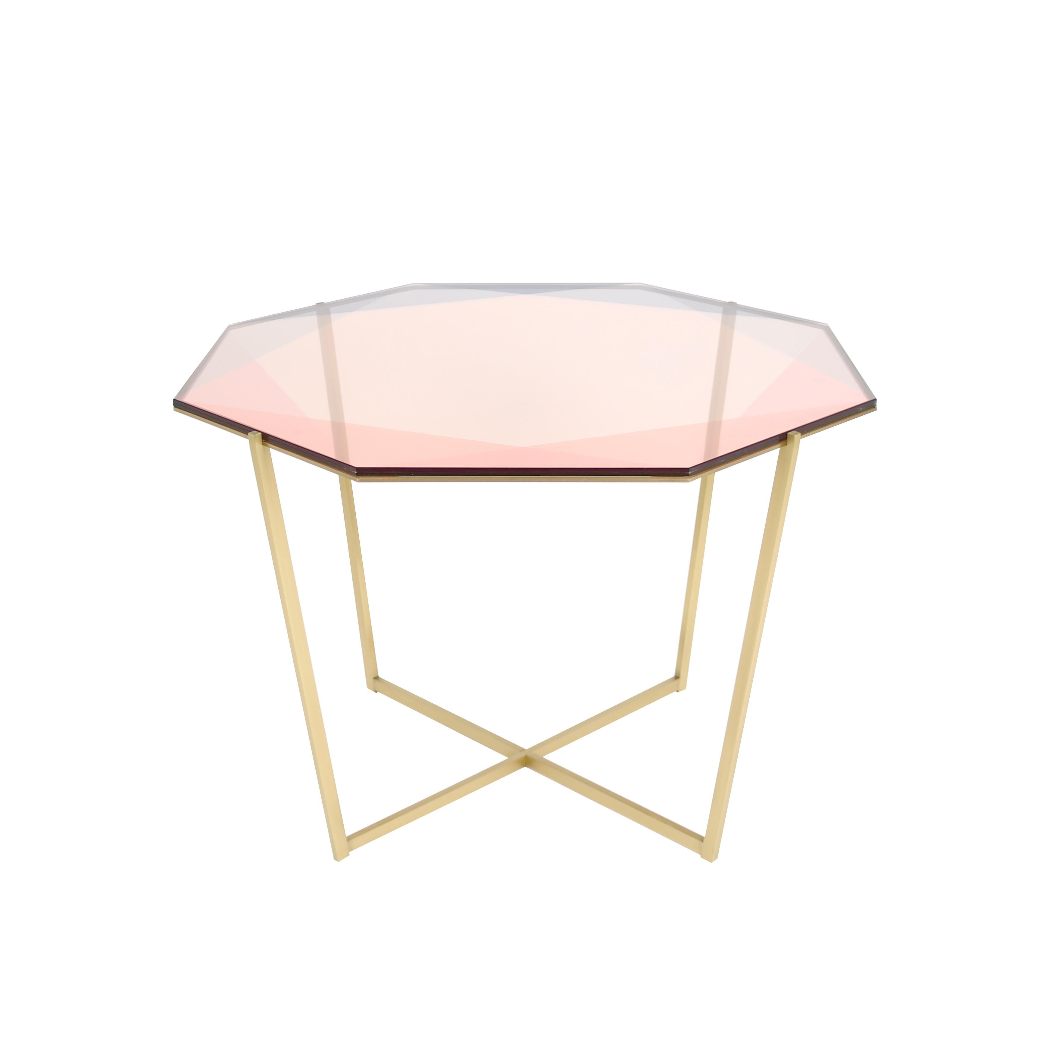 Gem Octagonal Dining Table / Entry Table-Blush Glass w/ Brass Base by Debra Folz For Sale