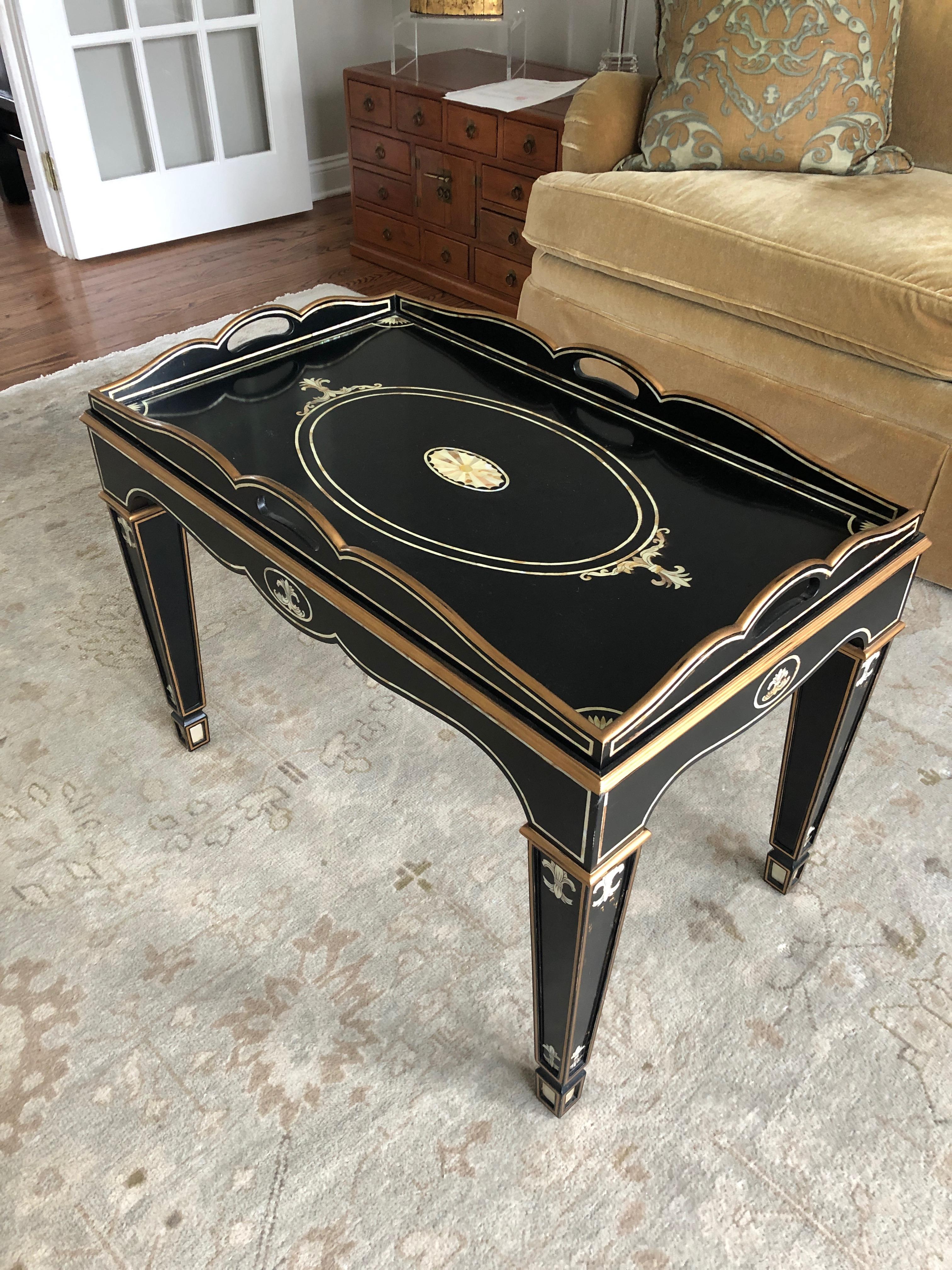 Gem of a Hollywood Regency Black White and Gold Small Sized Tray Coffee Table 4