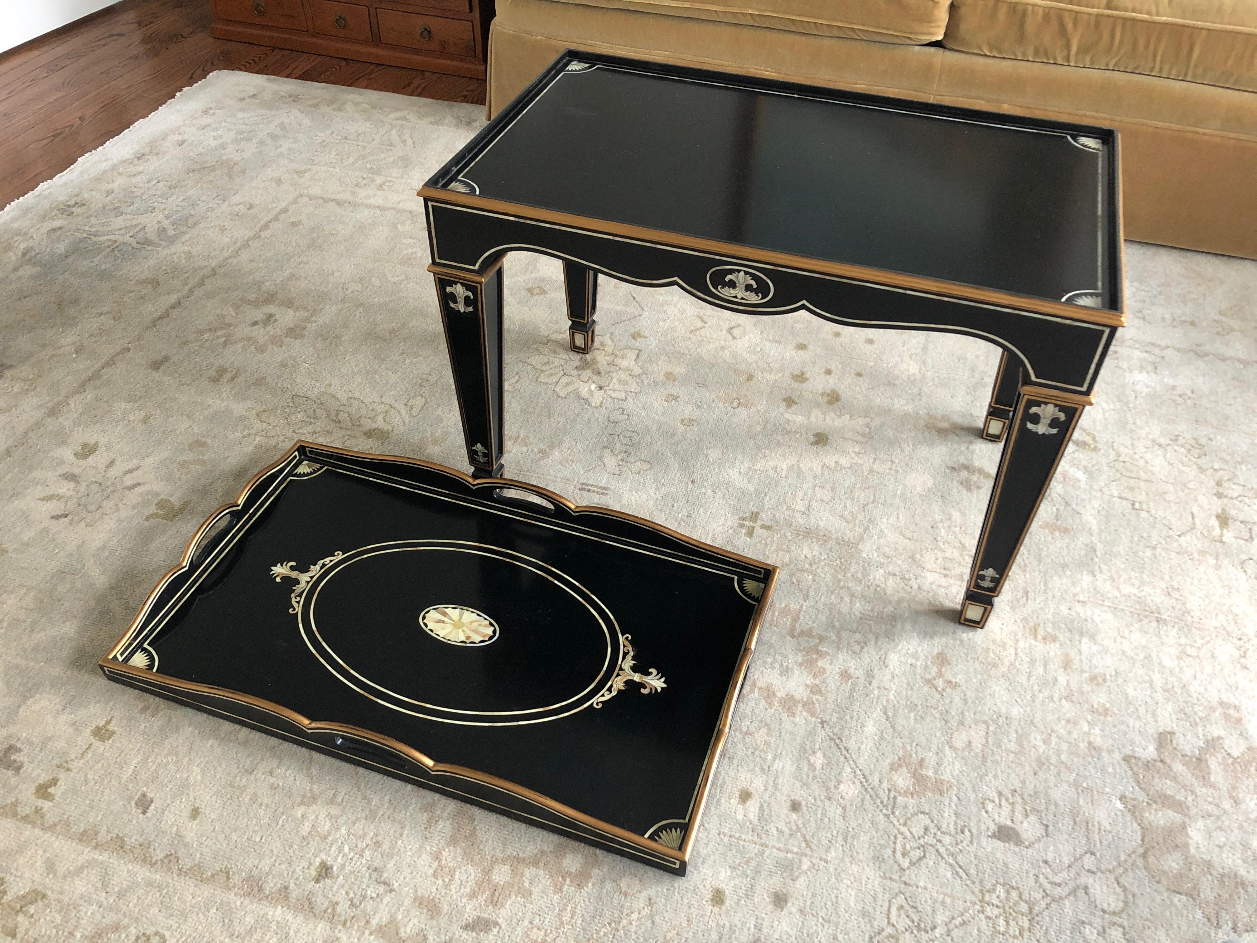 American Gem of a Hollywood Regency Black White and Gold Small Sized Tray Coffee Table