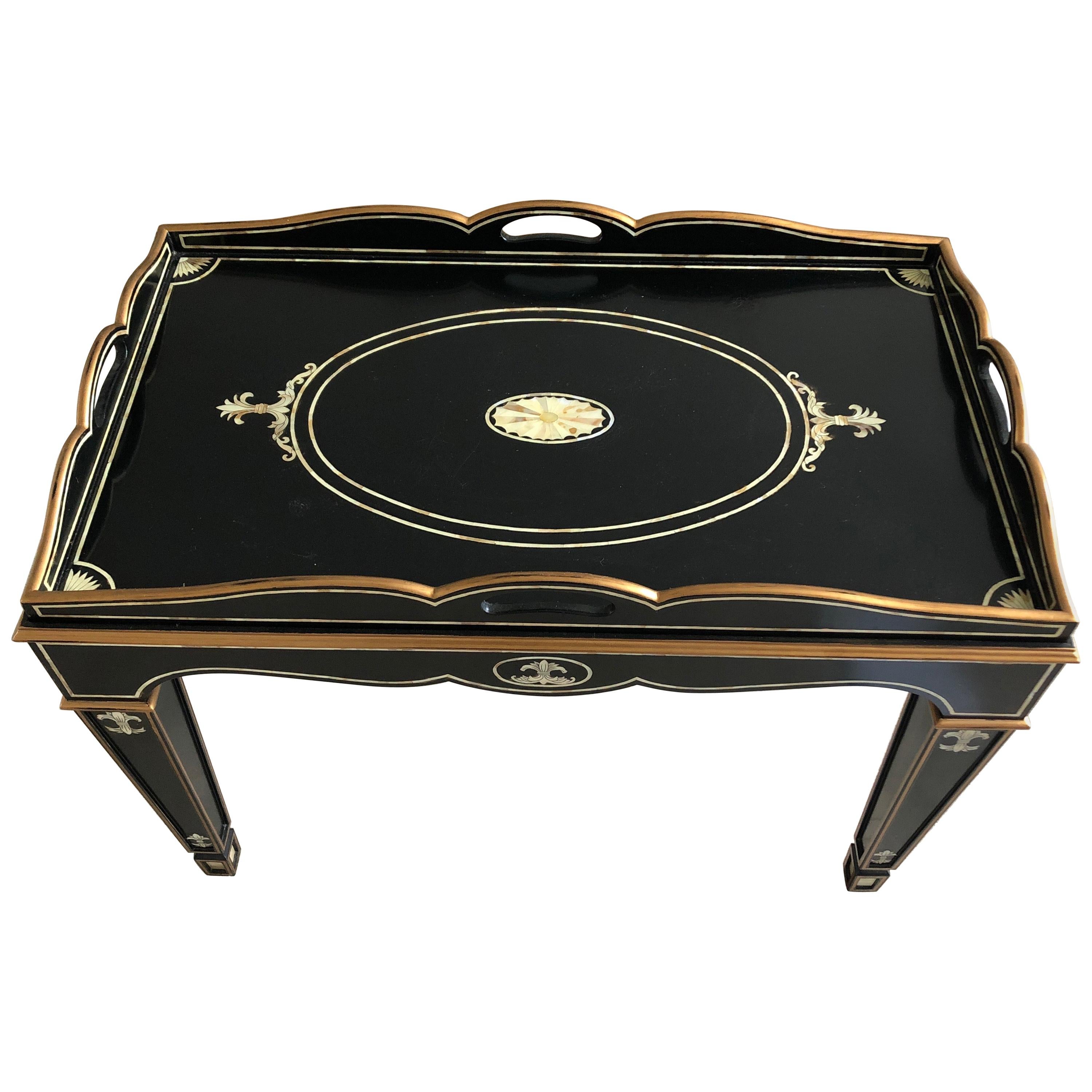 Gem of a Hollywood Regency Black White and Gold Small Sized Tray Coffee Table