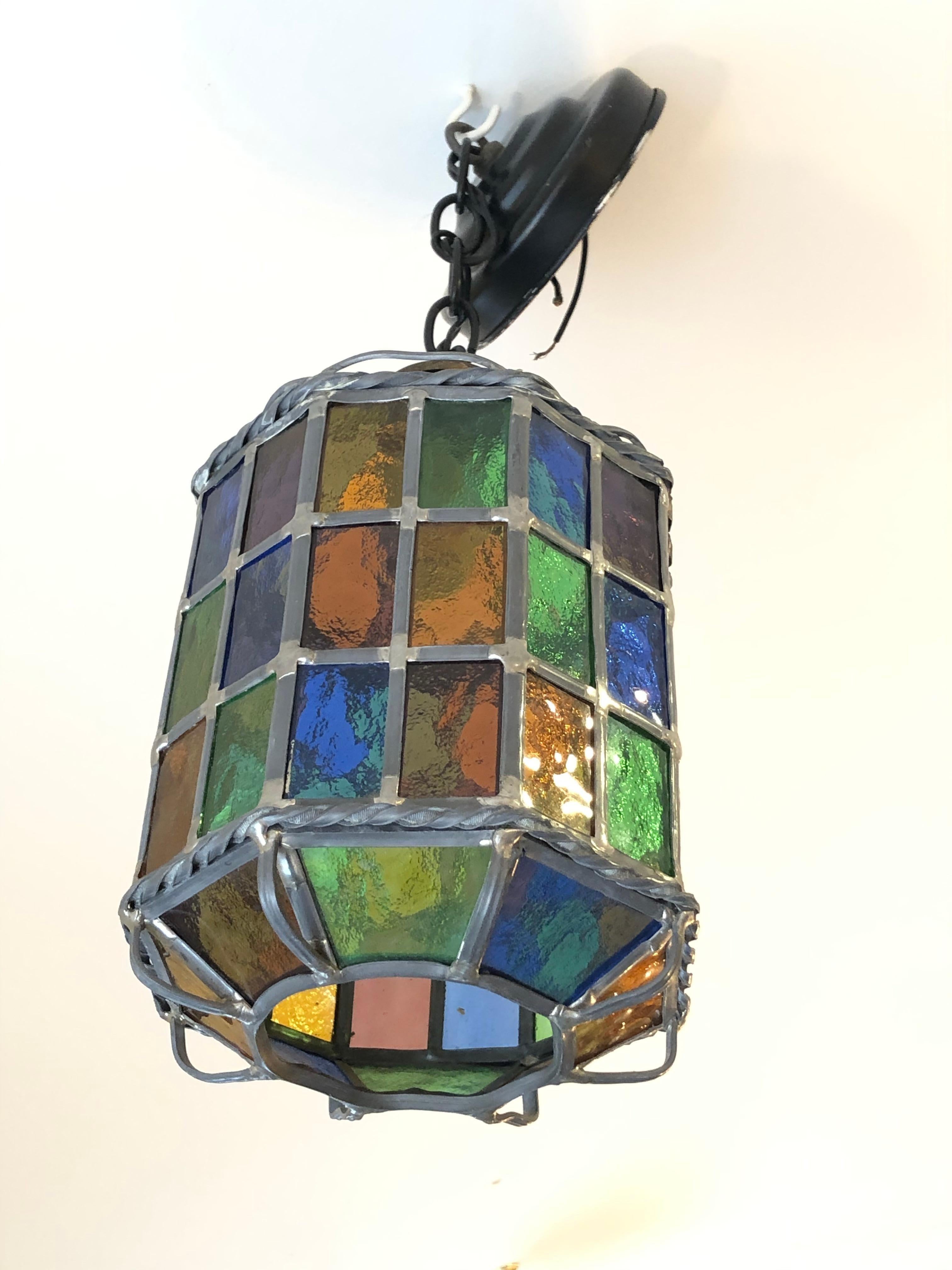 Arts and Crafts Gem of a Vintage Small Stained Glass Pendant Lantern Chandelier