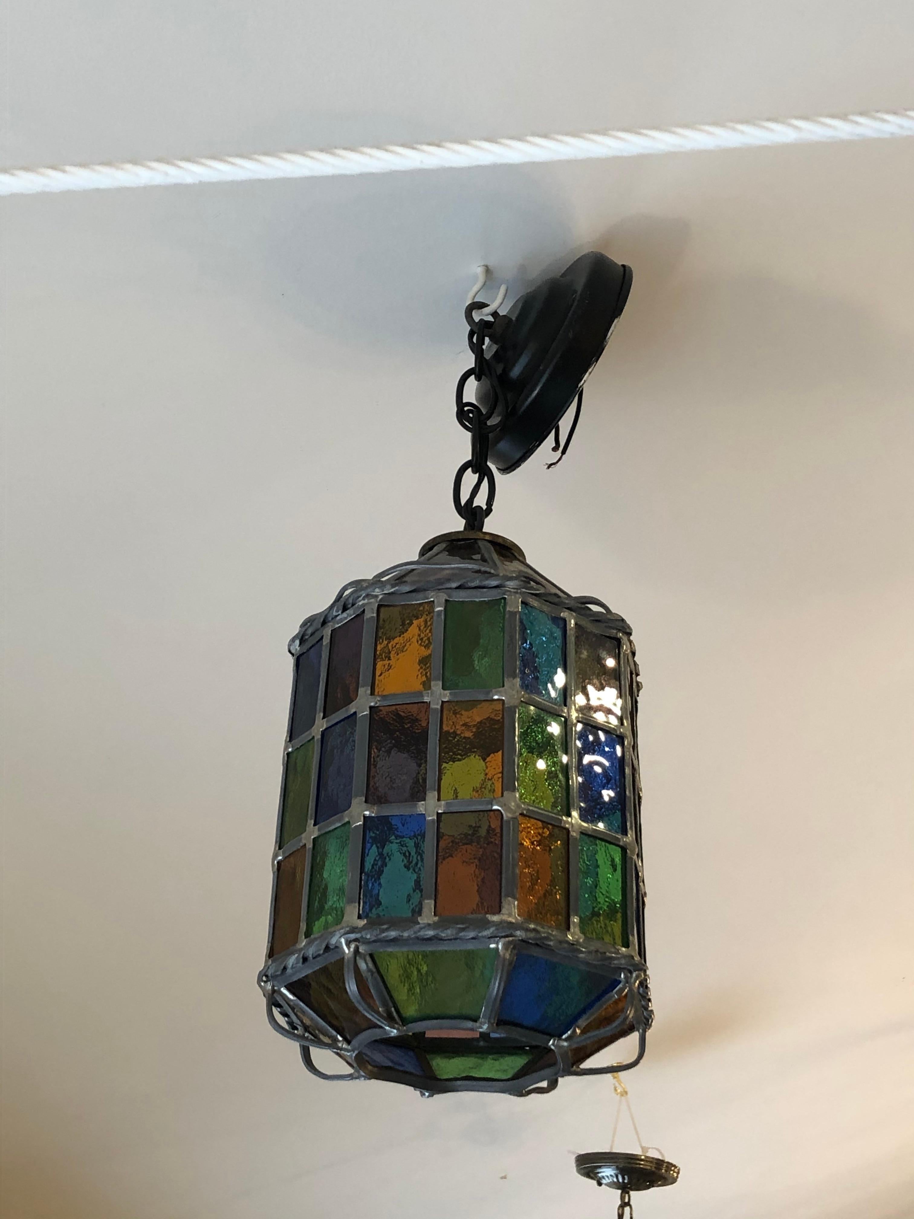 American Gem of a Vintage Small Stained Glass Pendant Lantern Chandelier