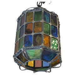 Gem of a Vintage Small Stained Glass Pendant Lantern Chandelier