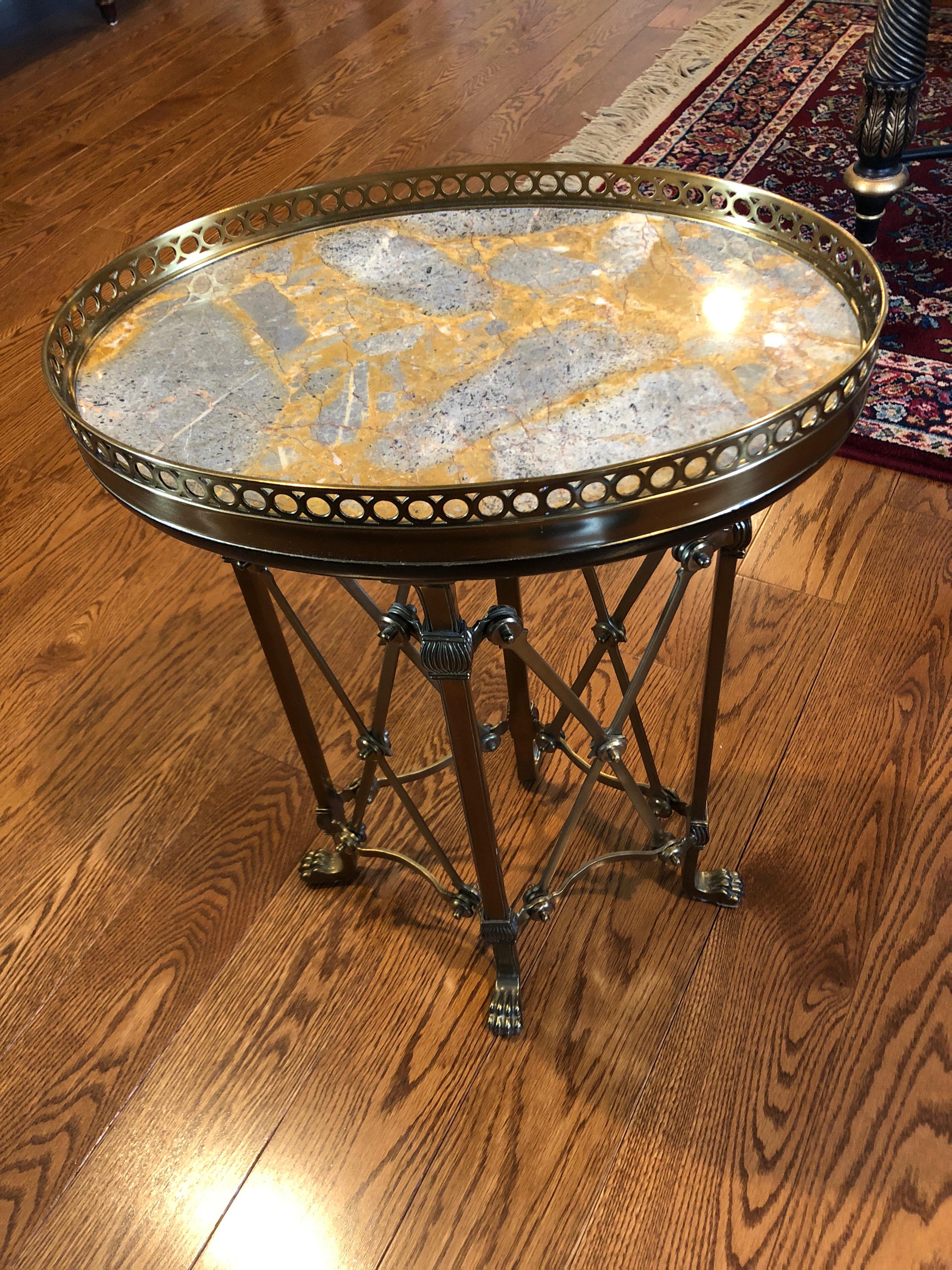 Late 20th Century Gem of an Oval Marble Top and Brass End Table Drinks Table