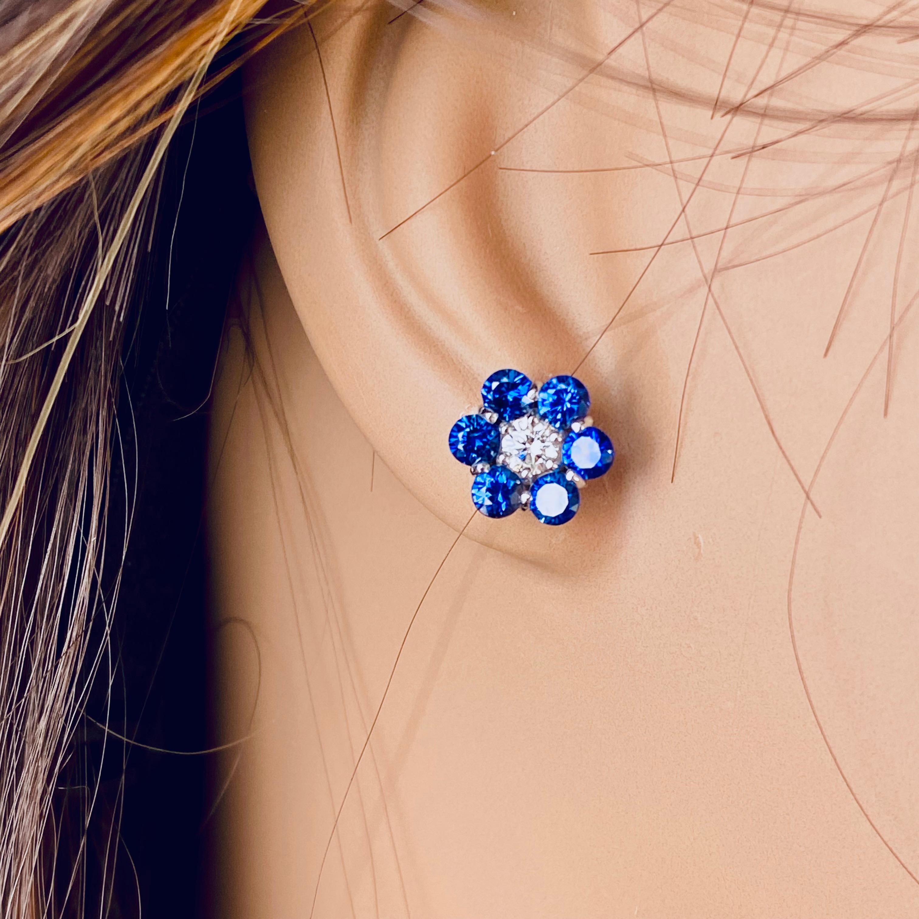Round Cut Gem Quality Blue Sapphire and Diamond 2.65 Carat Floral 0.40 Inch Gold Earrings For Sale