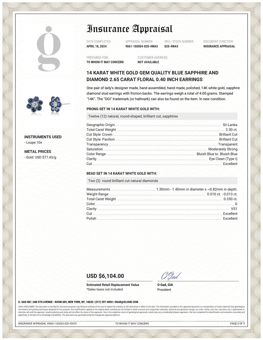 Ohrringe in Edelsteinqualität mit blauem Saphir und Diamant 2,65 Karat geblümtem 0,40 Zoll Gold (Zeitgenössisch) im Angebot