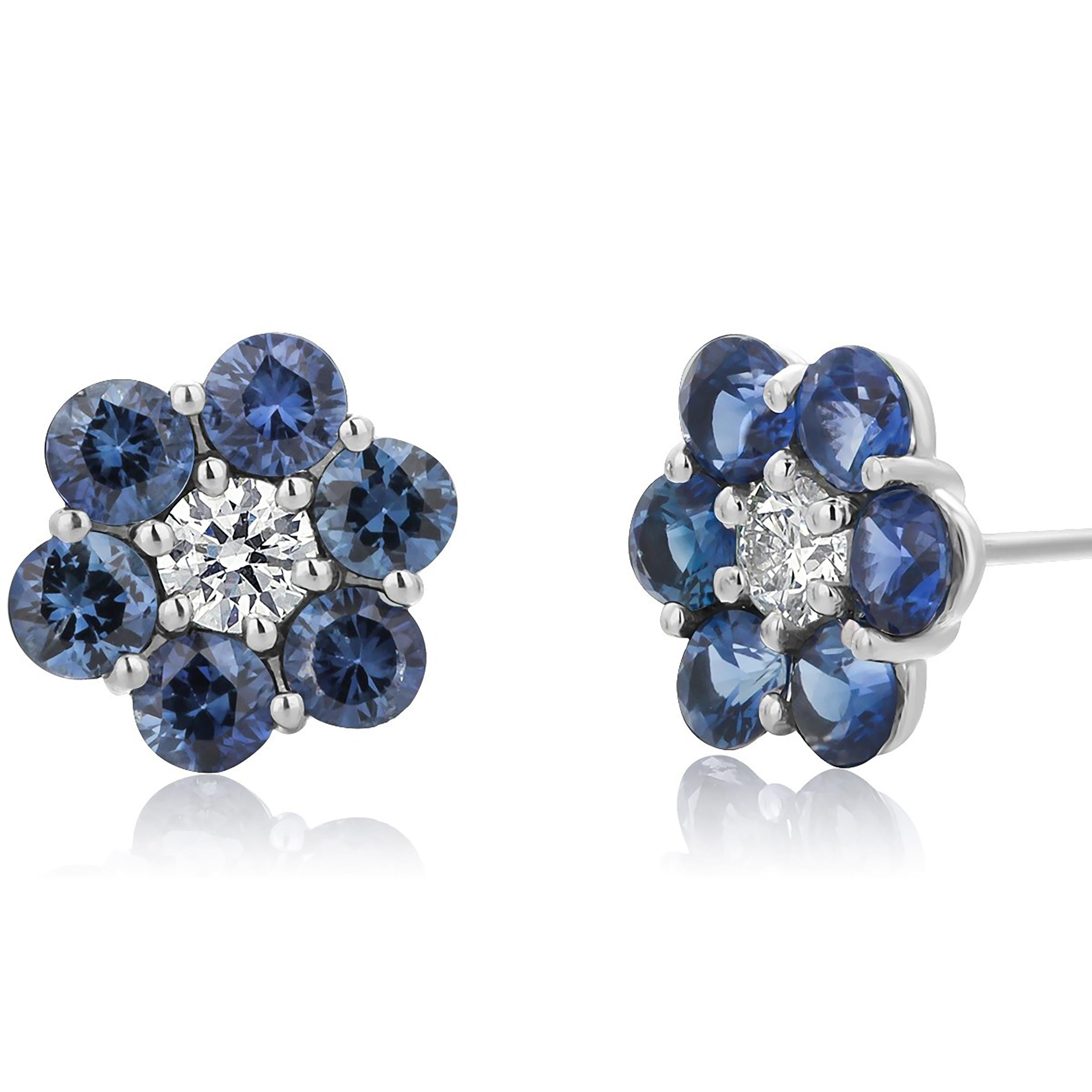 Gem Quality Blue Sapphire and Diamond 2.65 Carat Floral 0.40 Inch Gold Earrings In New Condition For Sale In New York, NY