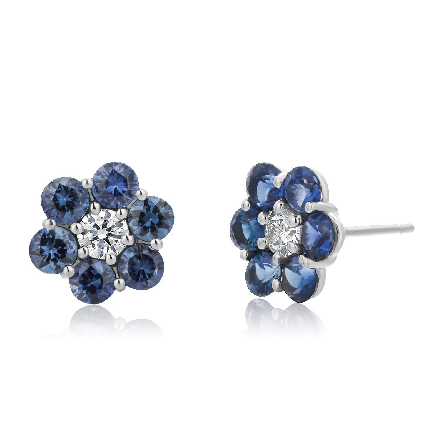 Gem Quality Blue Sapphire and Diamond 2.65 Carat Floral 0.40 Inch Gold Earrings For Sale 2