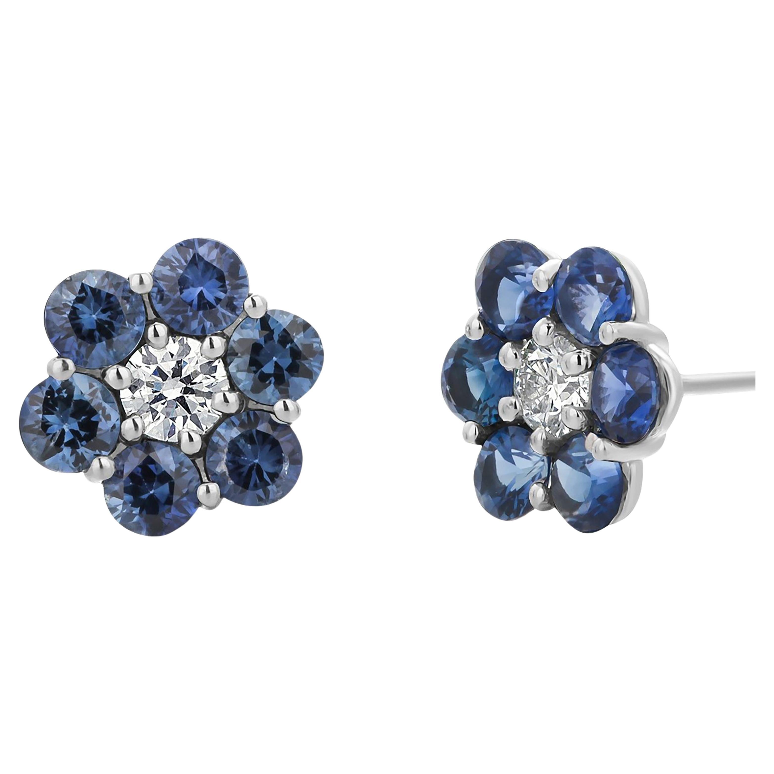 Gem Quality Blue Sapphire and Diamond 2.65 Carat Floral 0.40 Inch Gold Earrings For Sale