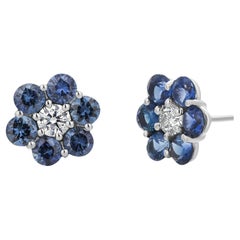 Gem Quality Blue Sapphire and Diamond 2.65 Carat Floral 0.40 Inch Gold Earrings