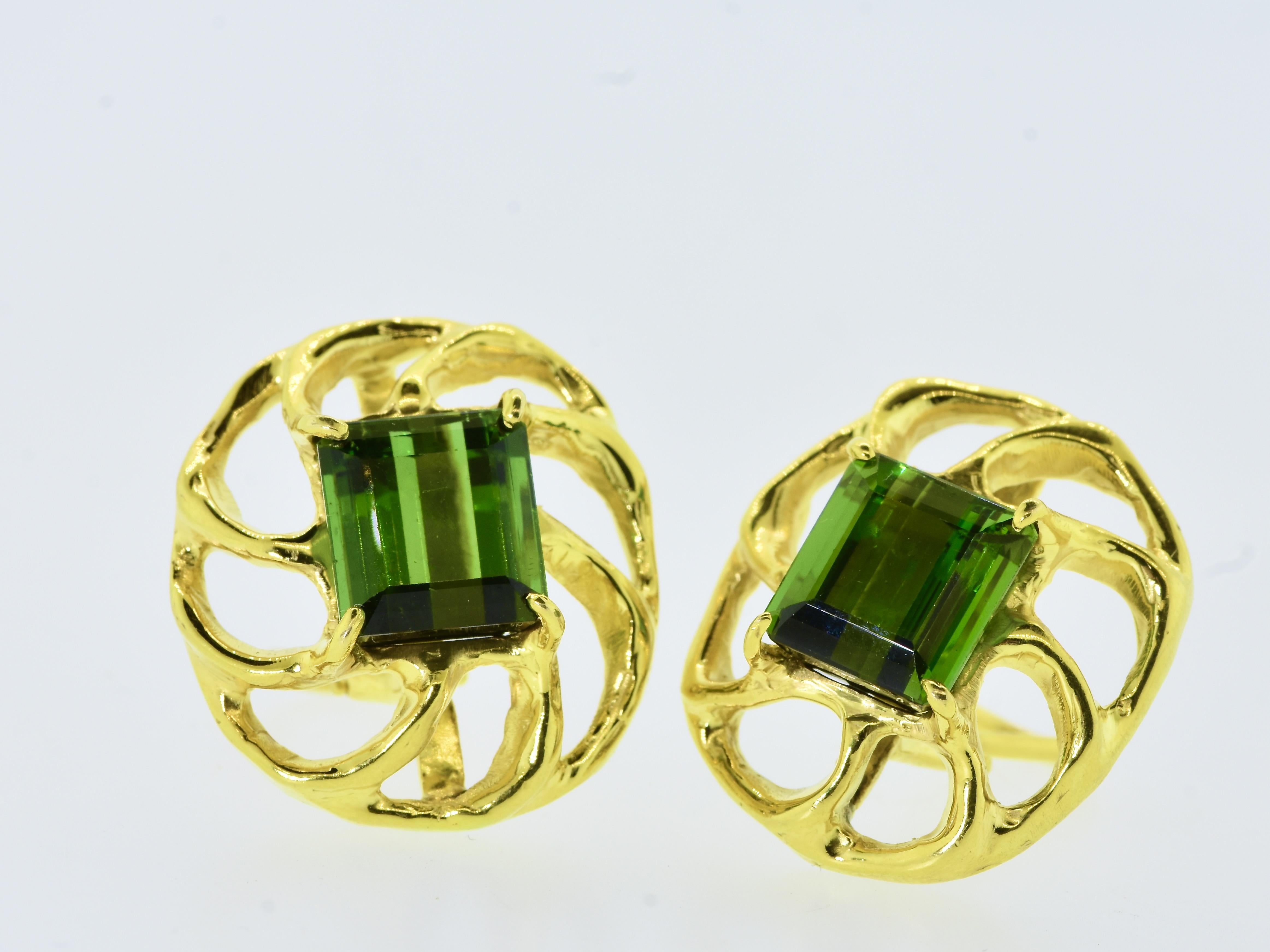 Square Cut Gem Quality Fine Tourmalines, 10 cts., in well made Contemporary Gold Earrings For Sale