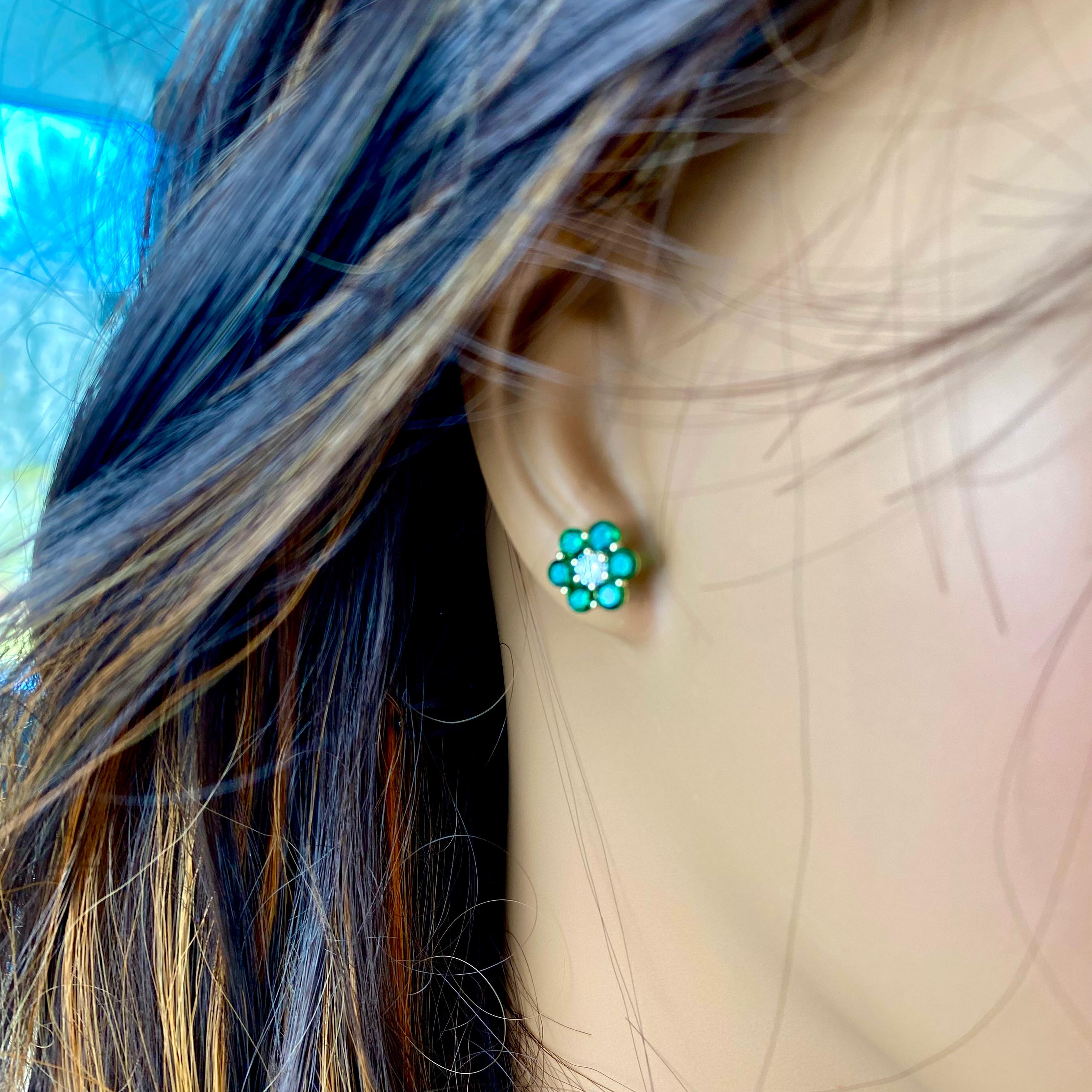 Gem Quality Green Emerald and Diamond 2.14 Carat Floral 0.40 Inch Gold Earrings 5