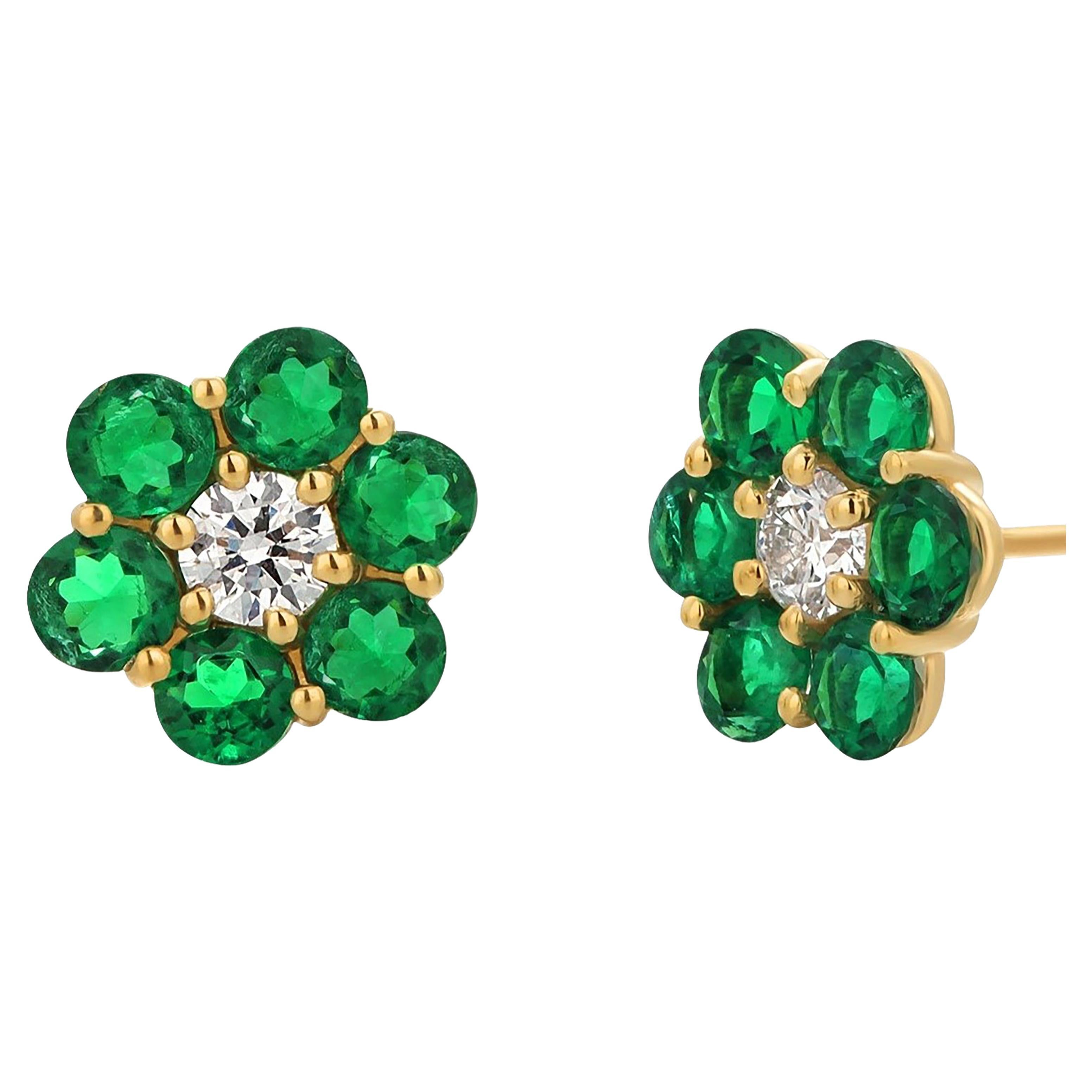 Gem Quality Green Emerald and Diamond 2.14 Carat Floral 0.40 Inch Gold Earrings  For Sale