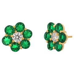 Gem Quality Green Emerald and Diamond 2.14 Carat Floral 0.40 Inch Gold Earrings 
