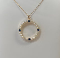 Gem Quality Natural Sapphire Art Deco Pearl Circle Pendant Antique Necklace Gold