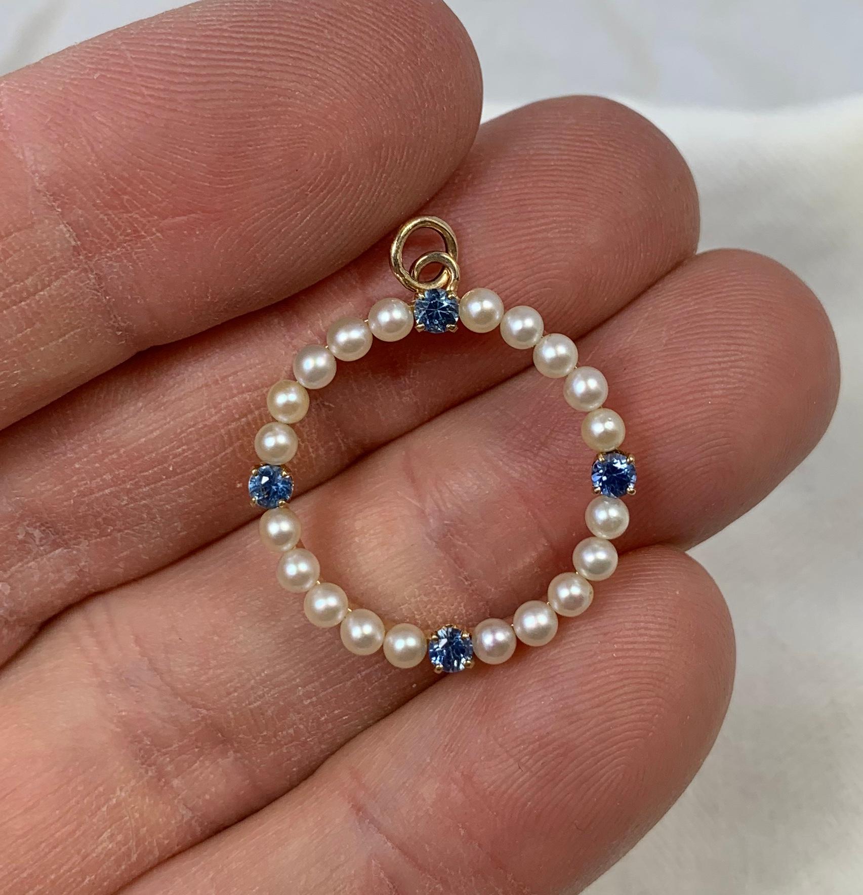 Women's Gem Quality Natural Sapphire Art Deco Pearl Circle Pendant Antique Necklace Gold For Sale