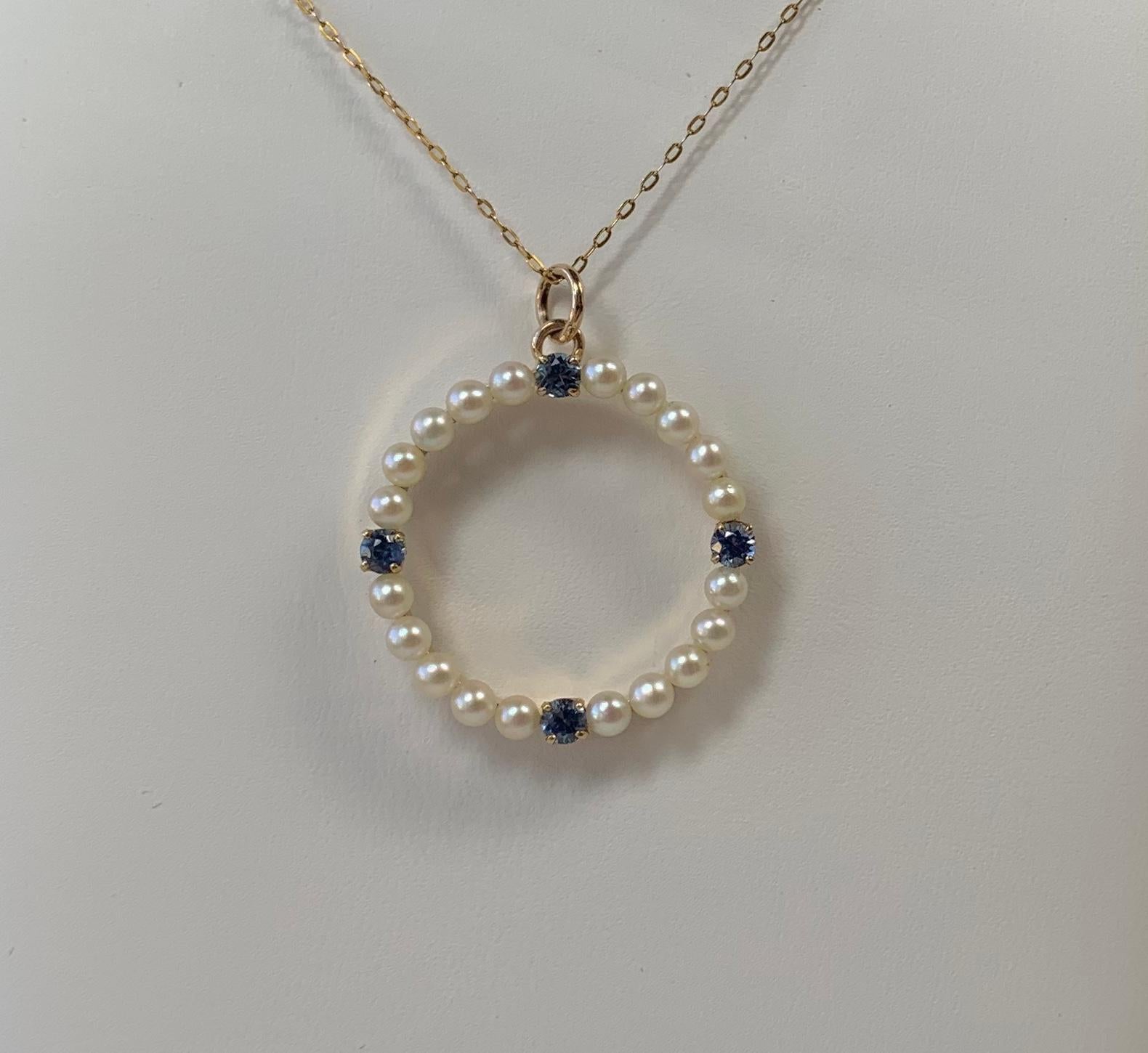 Gem Quality Natural Sapphire Art Deco Pearl Circle Pendant Antique Necklace Gold For Sale 2