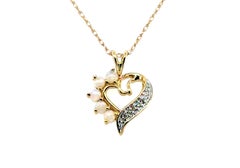 Gem Quality Opal Diamond Heart Pendant Necklace Yellow Gold Round Cabochon