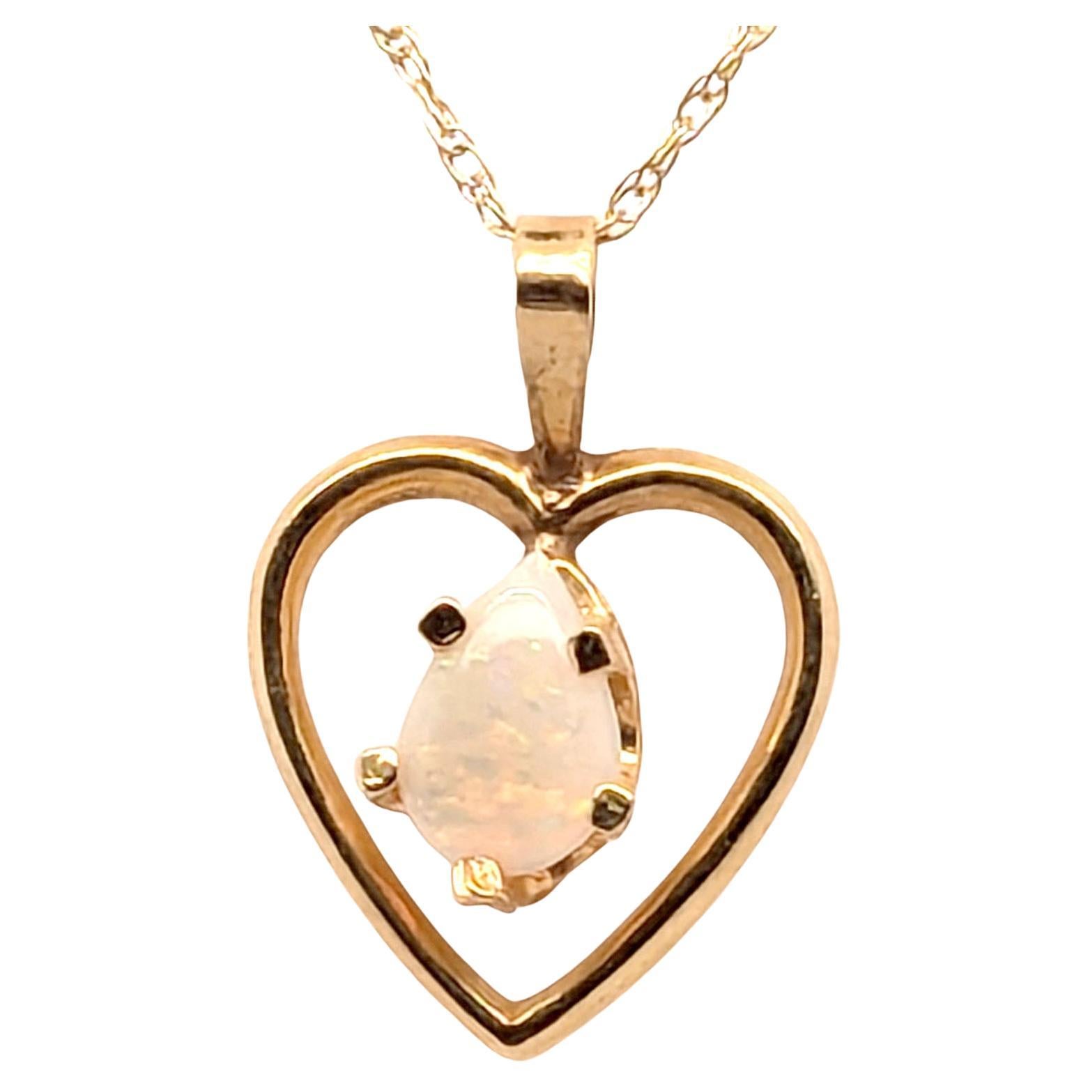 Gem Quality Opal Necklace Pendant Heart 14K Yellow Gold Pear Cabochon