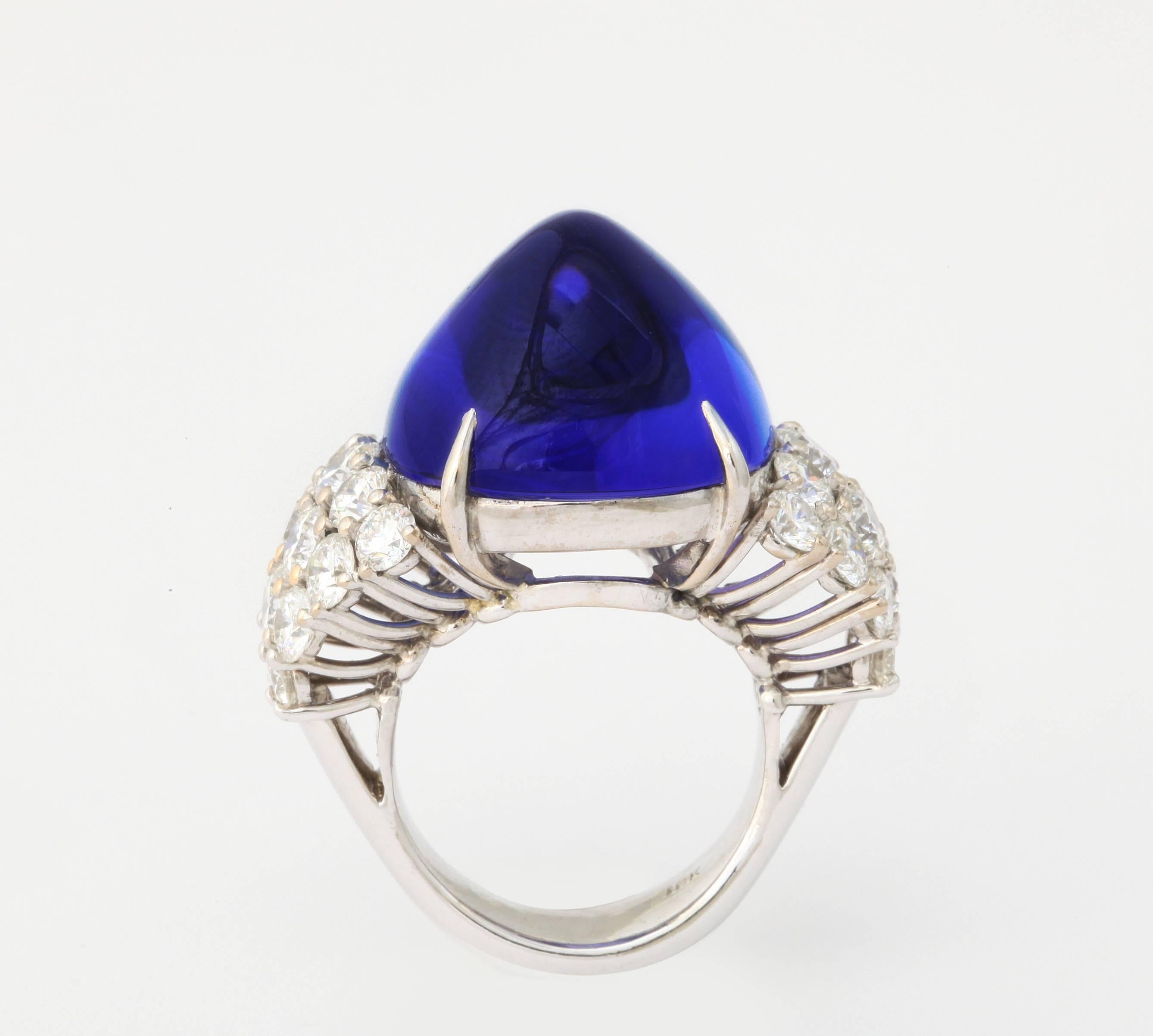 Contemporary Gem Quality Sugarloaf Cut Tanzanite and Diamond Ring For Sale