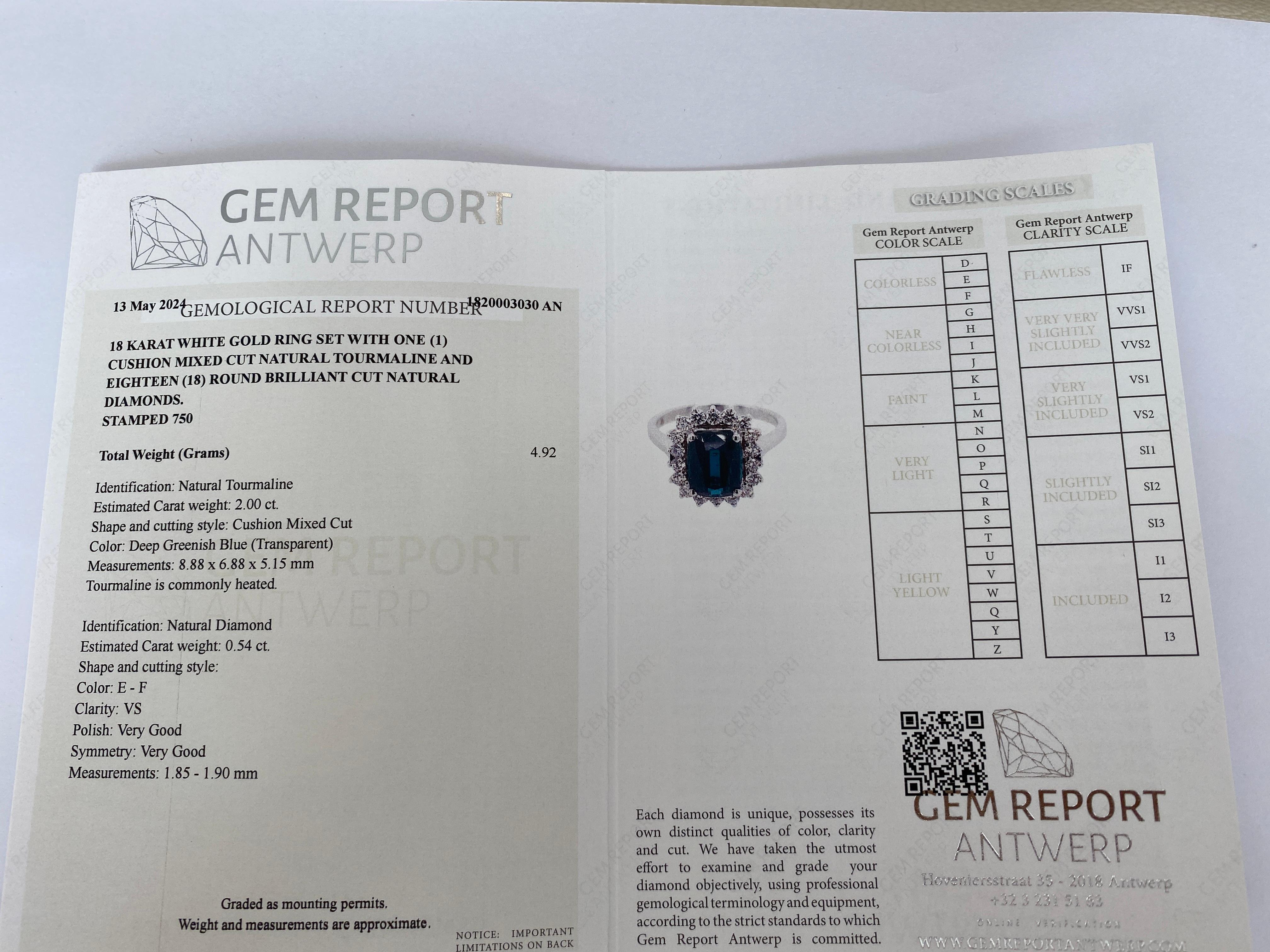 GEM Report Antwerp Certified 2.00 Carat Lagoon Tourmaline Diamond Cocktail ring For Sale 6