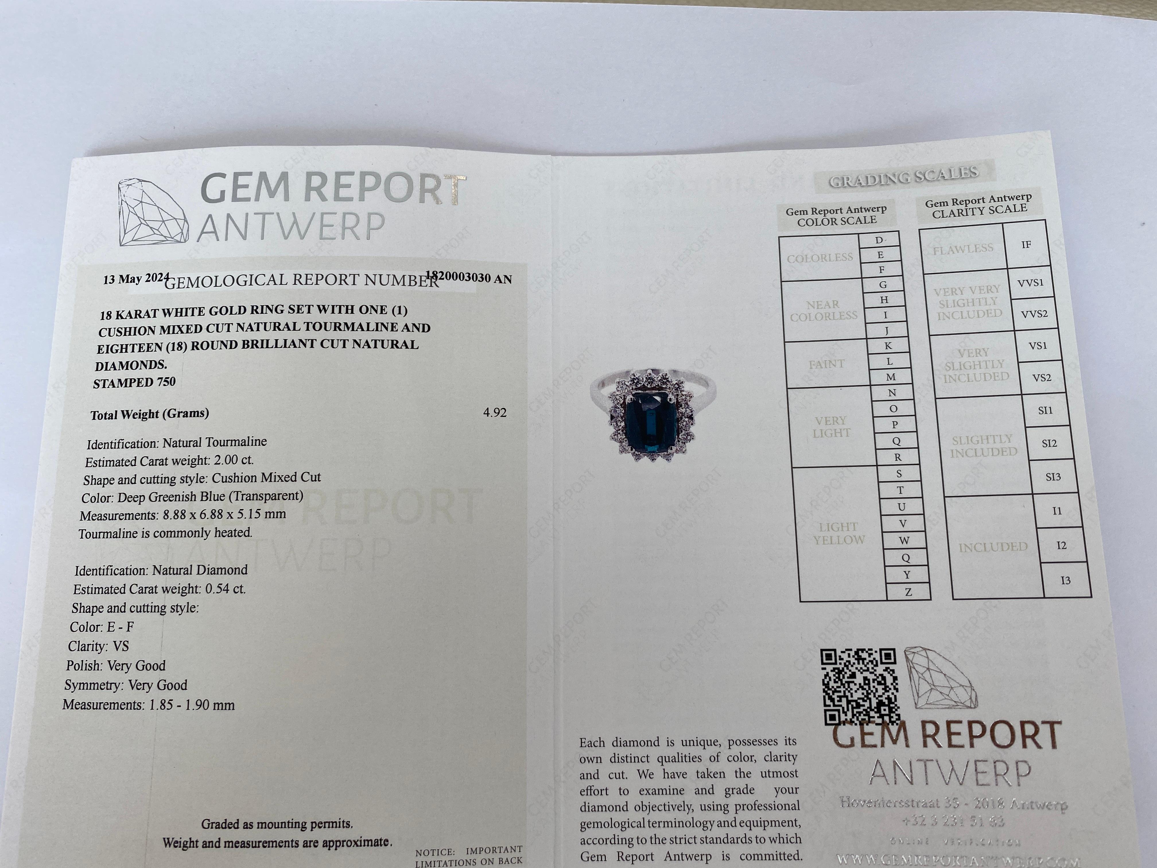 Bague cocktail en diamants et tourmaline de lagon certifiée GEM d'Anvers de 2,00 carats en vente 6