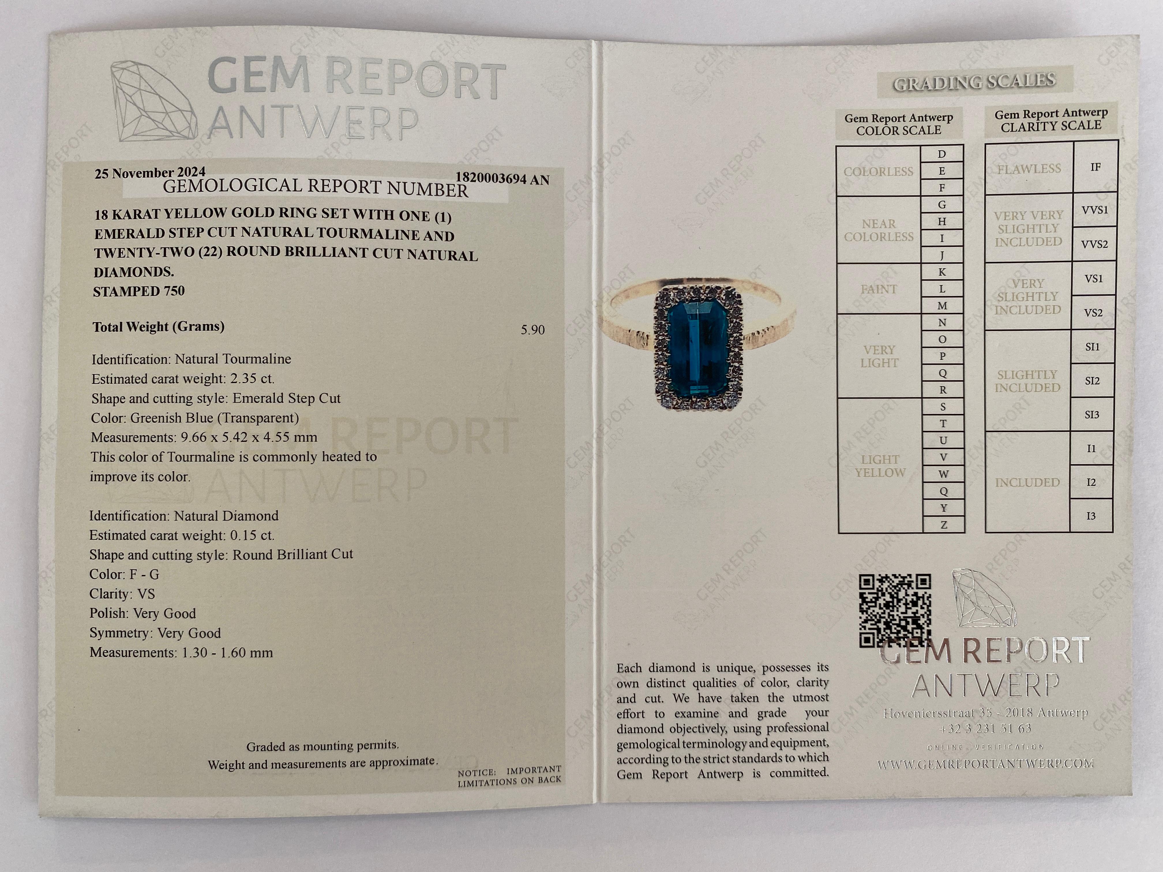 GEM Report Antwerp Certified 2.35 Carat Lagoon Tourmaline Diamond Cocktail ring in vendita 5