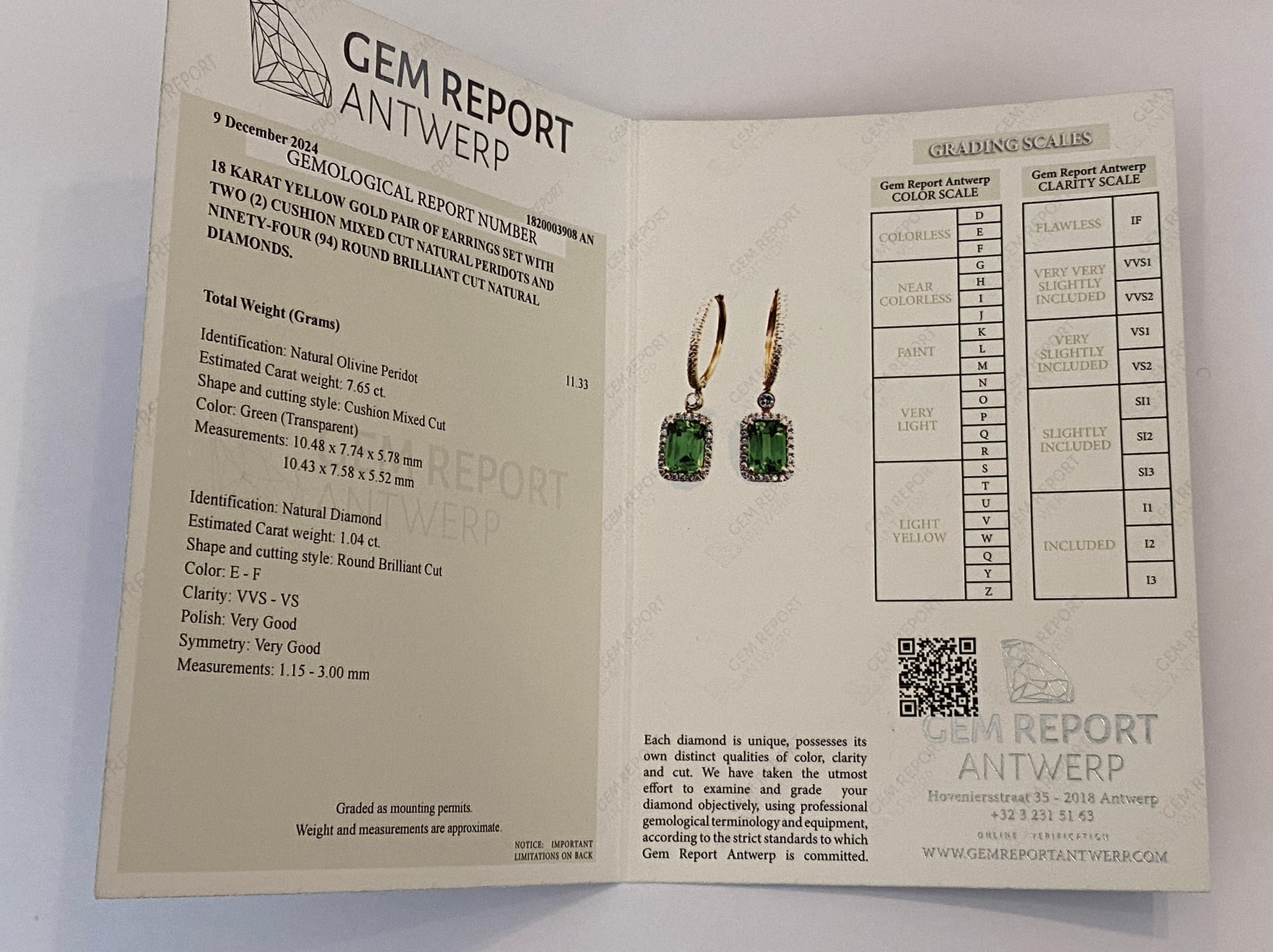 Peridoto verde lime certificato e  Orecchini con diamanti in oro giallo 18 kt in vendita 11