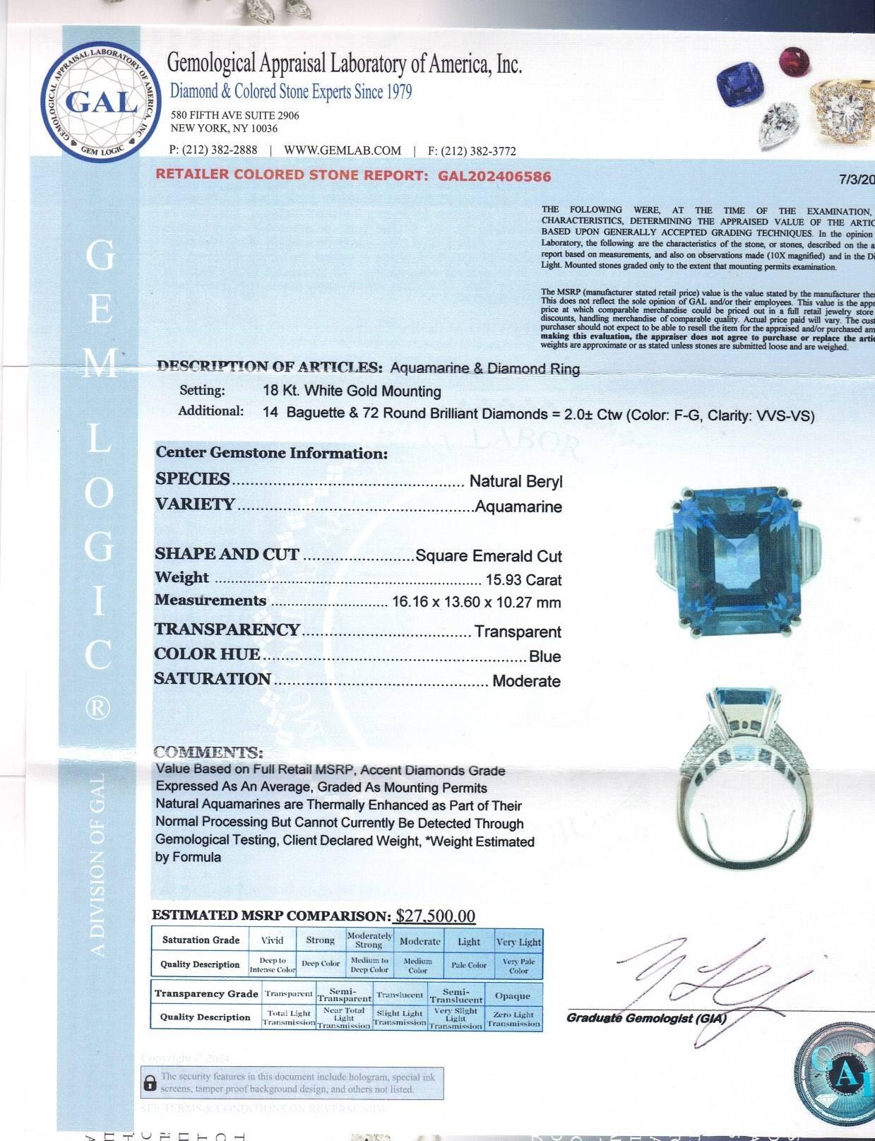 A spectacular perfectly emerald cut aquamarine is the centerpiece of this beautiful ring. The amazing saturation of color and brilliance warrant giving this gem a 10 our of 10. The deep blue color this aquamarine exhibits was only found in the