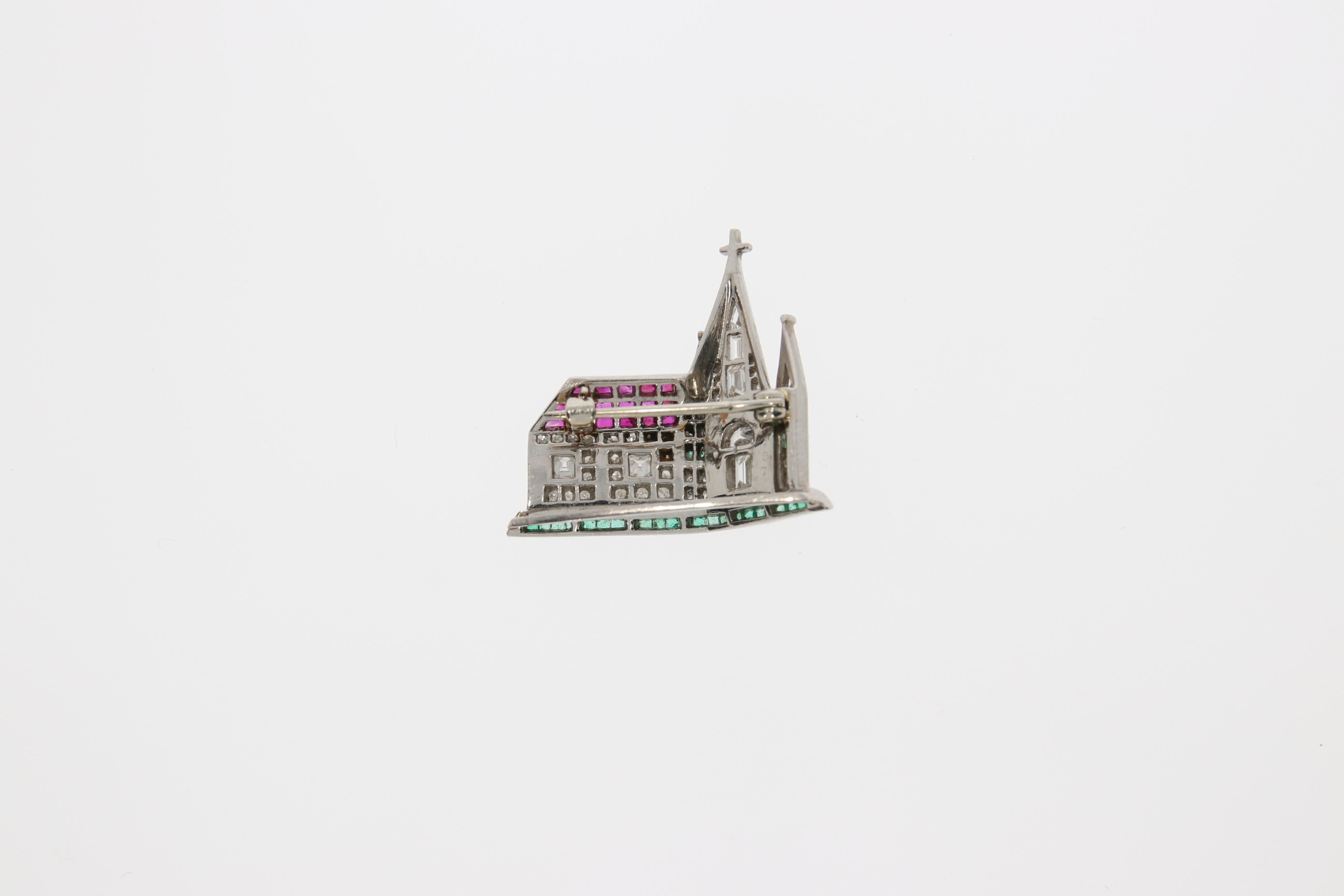 Baguette Cut Gem Set Cathedral Brooch in Platinum, circa 1940 For Sale