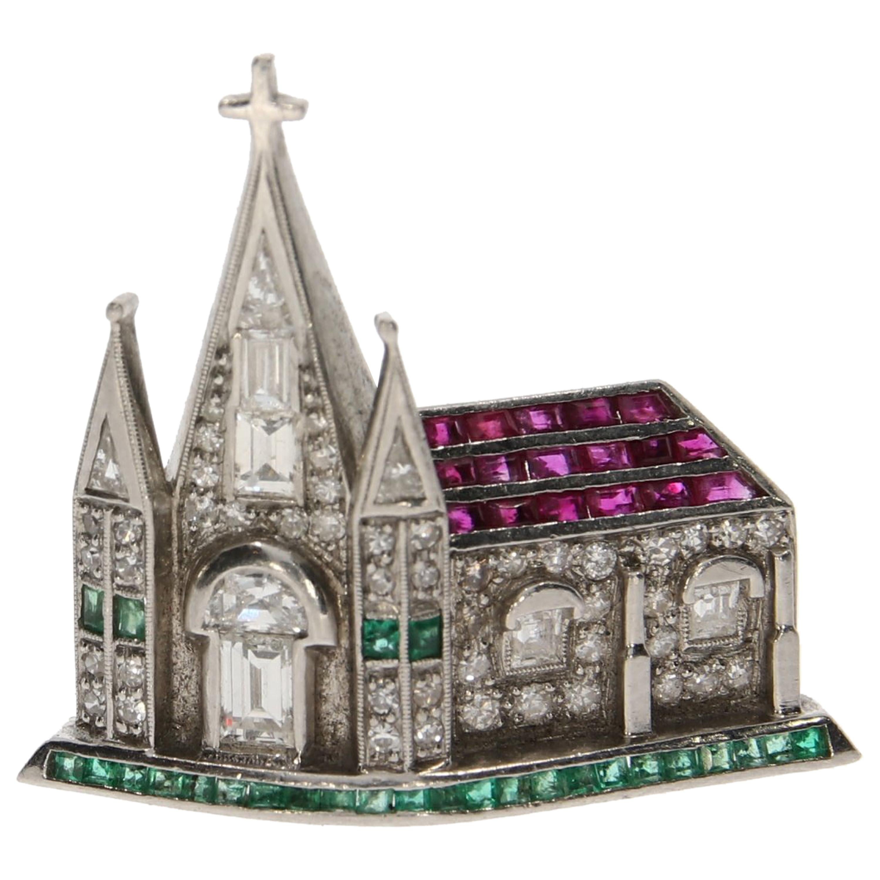 Gem Set Cathedral Brooch in Platinum, circa 1940 For Sale