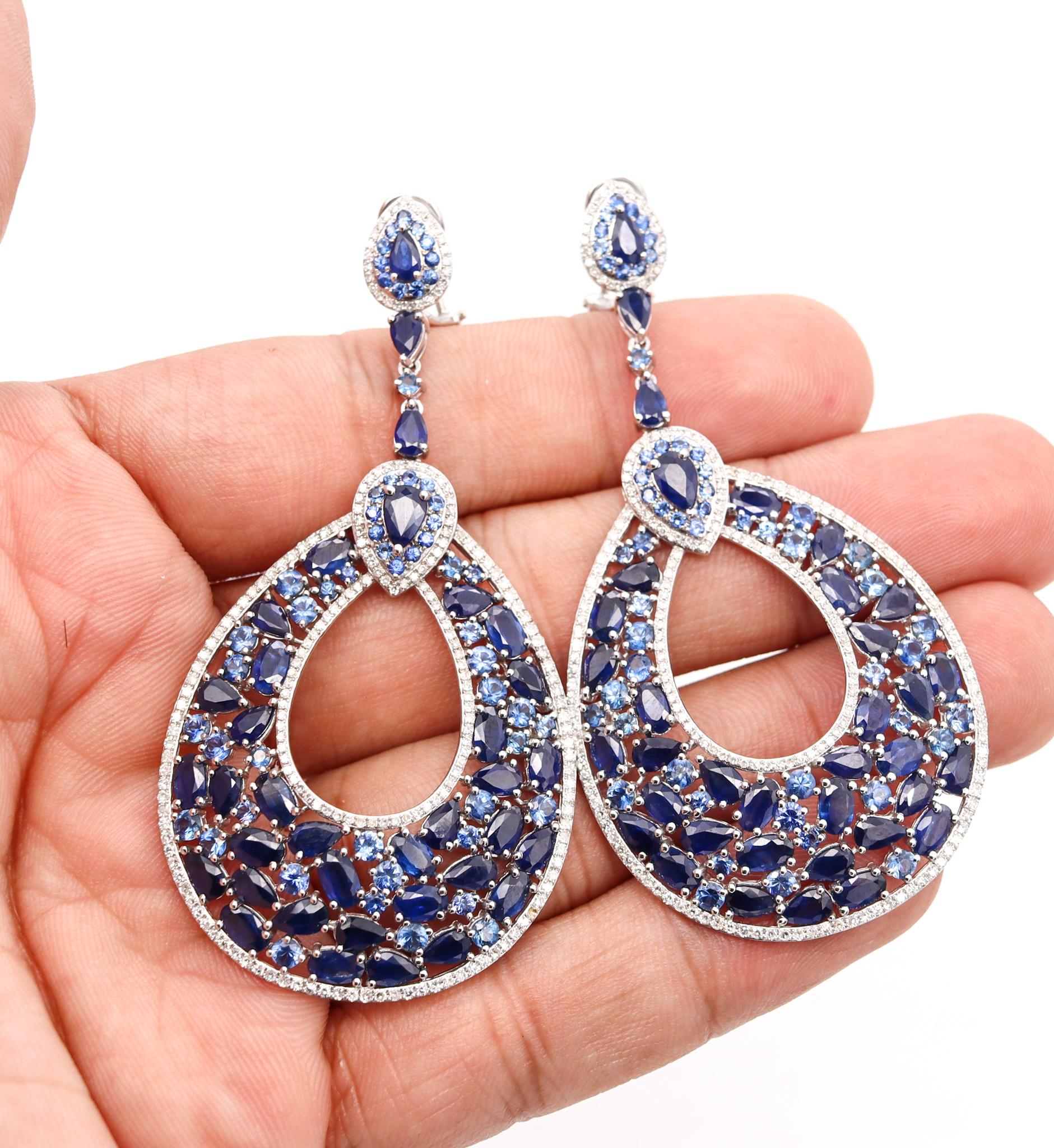 Mixed Cut Gem Set Cocktail Dangle Earrings In 18Kt Gold 23.20 Cts Sapphires And Diamonds For Sale